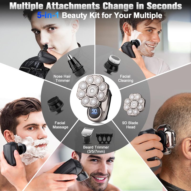 9D Electric Head Shaver for Bald Men, Upgraded 5-in-1 Waterproof Wet/Dry Grooming Kit Electric Shaver for Men, Cordless Rechargeable Bald Head Razor for Home&Travel