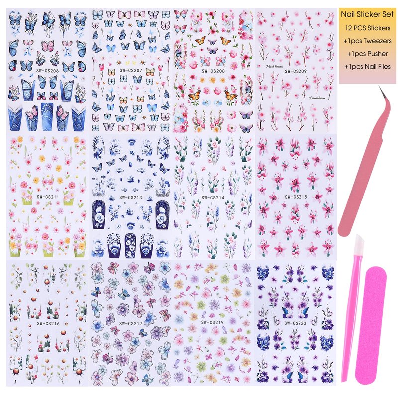 Flower Stickers for Nail Art Decals - 12 Sheets Spring Butterfly Nail Stickers with Tweezers 3D Floral Leaves Plant Nail Art Designs DIY Self Adhesive Daisy Blossom Nail Supplies Decorations
