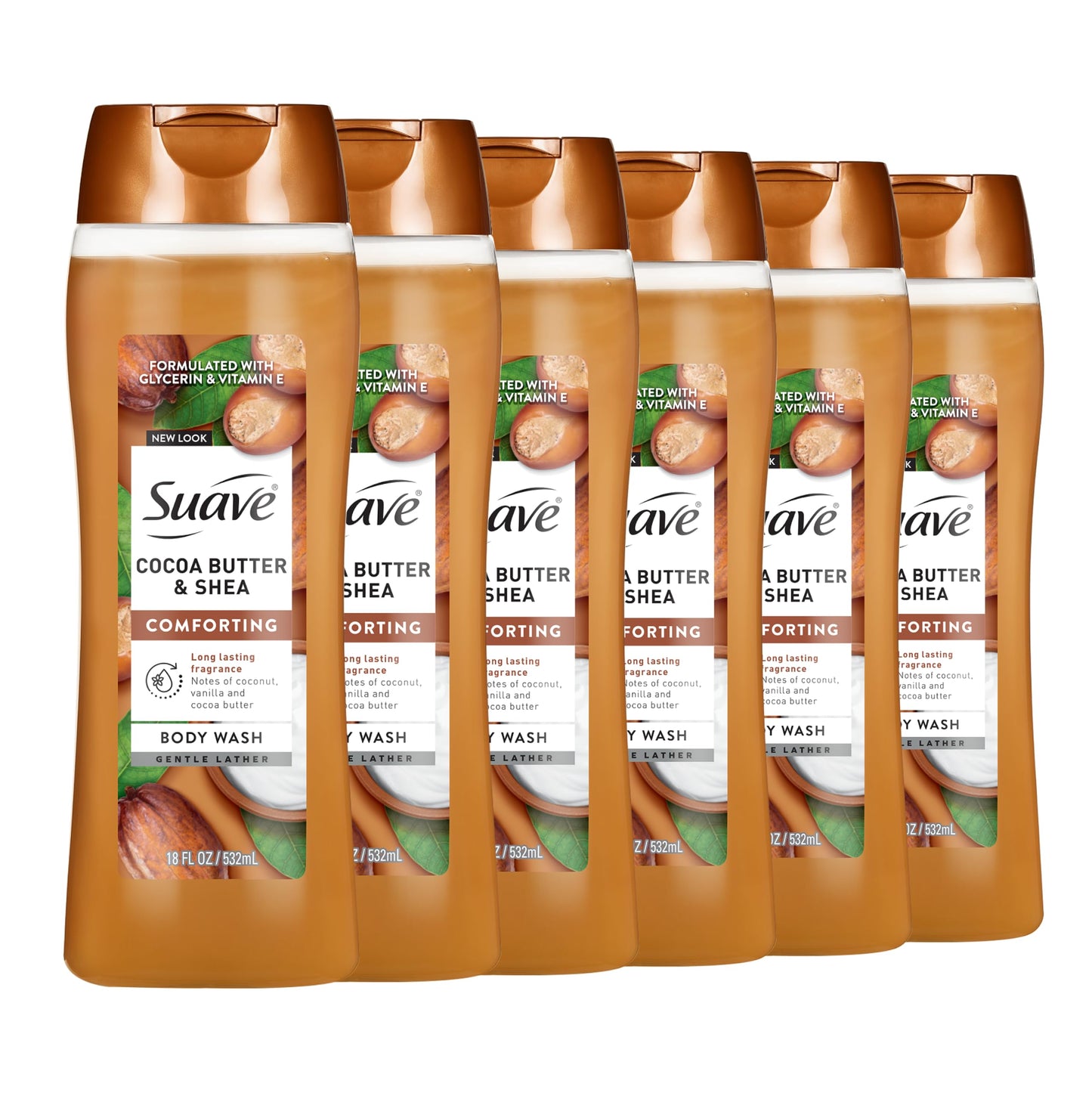 Suave Moisturizing Body Wash, Cocoa Butter and Shea with Vitamin E Extract, No Parabens, No Phtahaltes, 18 Oz Pack of 6