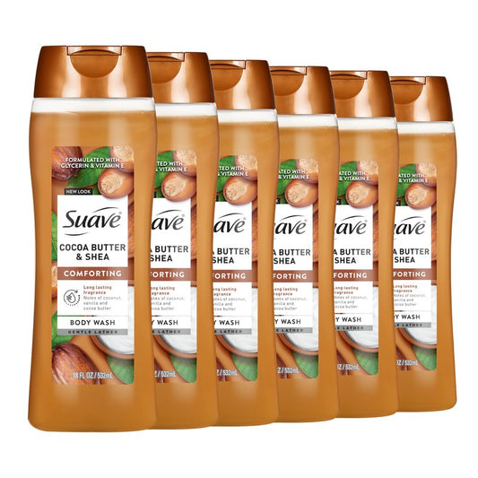 Suave Moisturizing Body Wash, Cocoa Butter and Shea with Vitamin E Extract, No Parabens, No Phtahaltes, 18 Oz Pack of 6