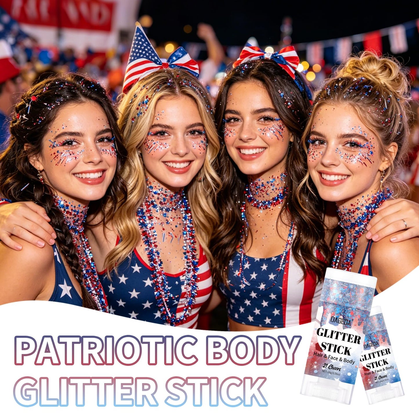 DAGEDA Red White Blue Body Glitter Stick, Sparkly Face Glitter Makeup, 4th of July Outfits Accessories for Women, Shimmer Face Paint Stick, Fourth of July Independence Day Costumes Accessories(Cheers)