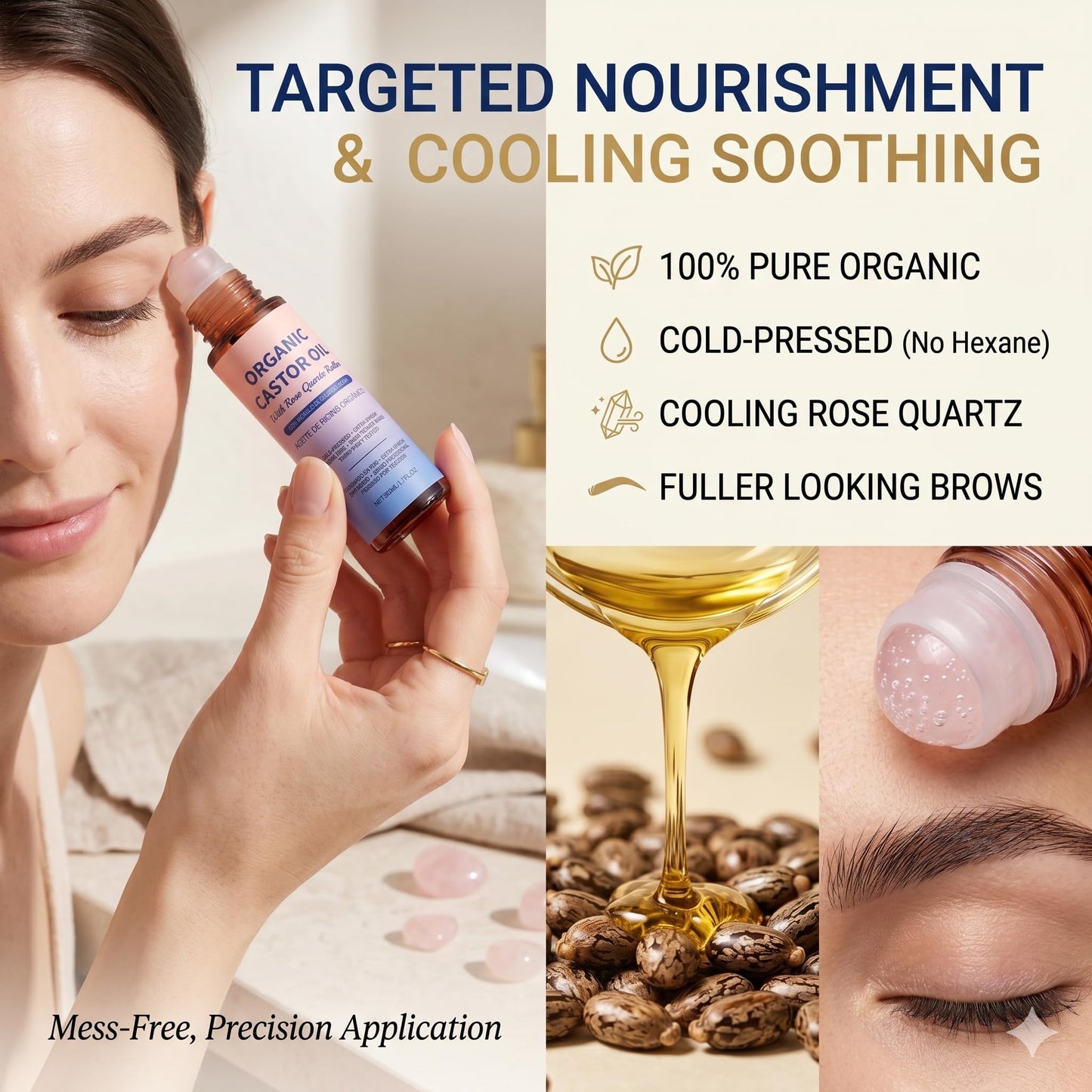 GOWEGO Organic Castor Oil Roll On with Rose Quartz Roller, Castor Oil Rose Quartz Roller Ball for Face and Body, Hair, Eyebrows, Moisturize Skin (1.7 FL.OZ)