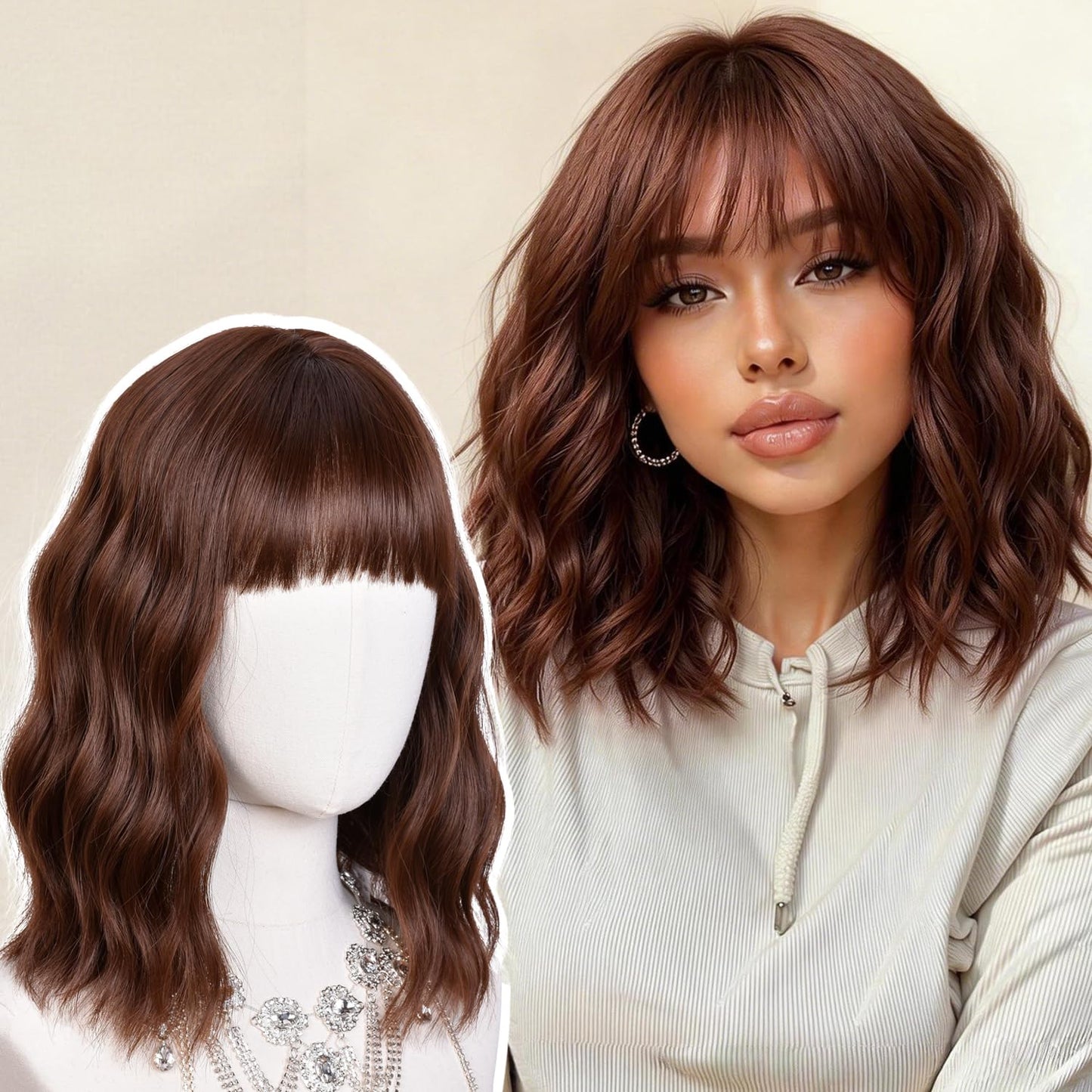 Short Wavy Wig with Bangs - Natural Curly Synthetic Hair for Women | 14-Inch Brown with Blonde Highlights