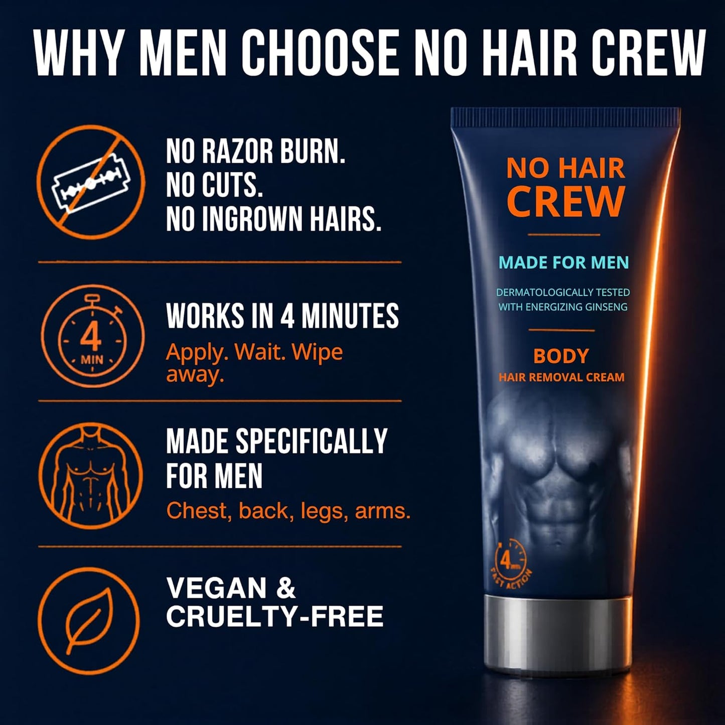 No Hair Crew Hair Removal Cream for Men - Painless Manscaping with Energizing Ginseng | 200ml