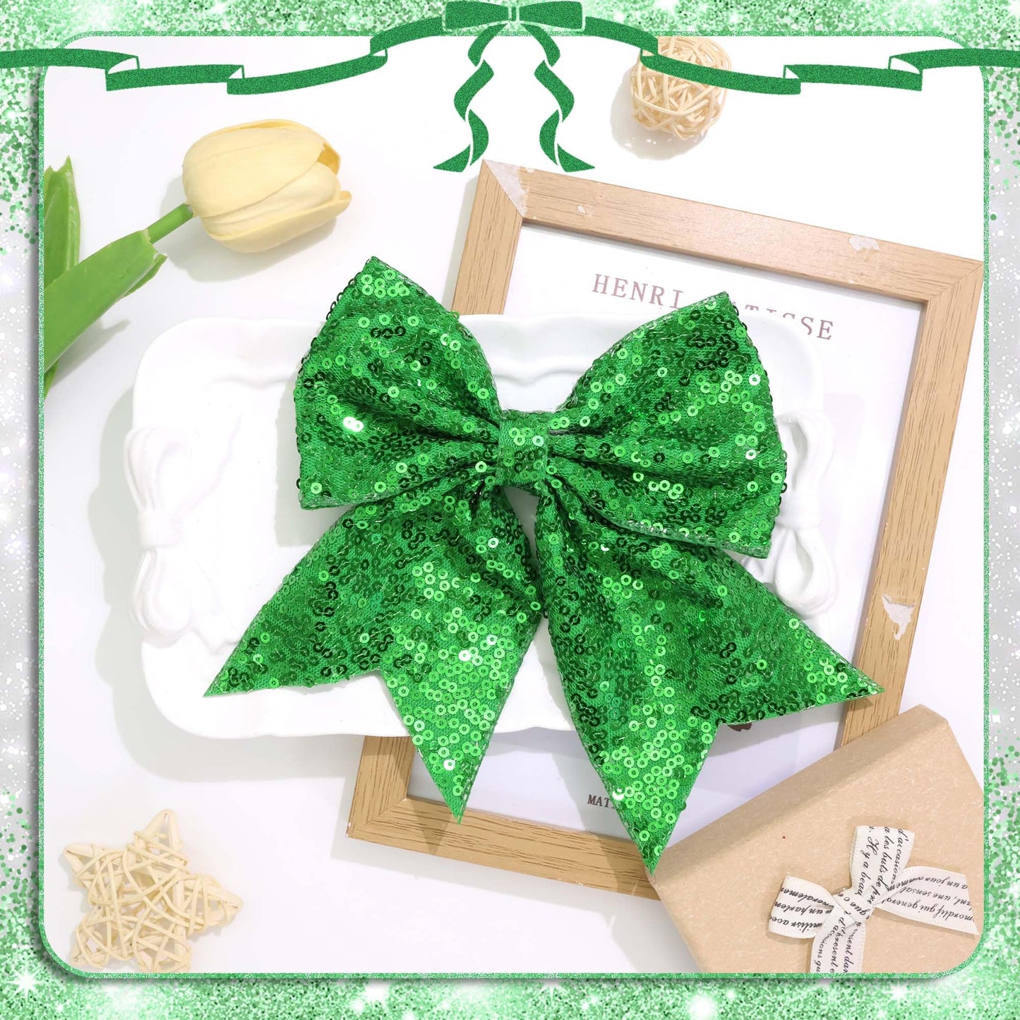 STGDAK Green Bow Clips 7 Inch Glitter Big Bows Sparkly Sequin Cheerleading Bow For Girls Bling St. Patrick's Day Hair Accessories For Women Softball Festivals St. Patrick's Day