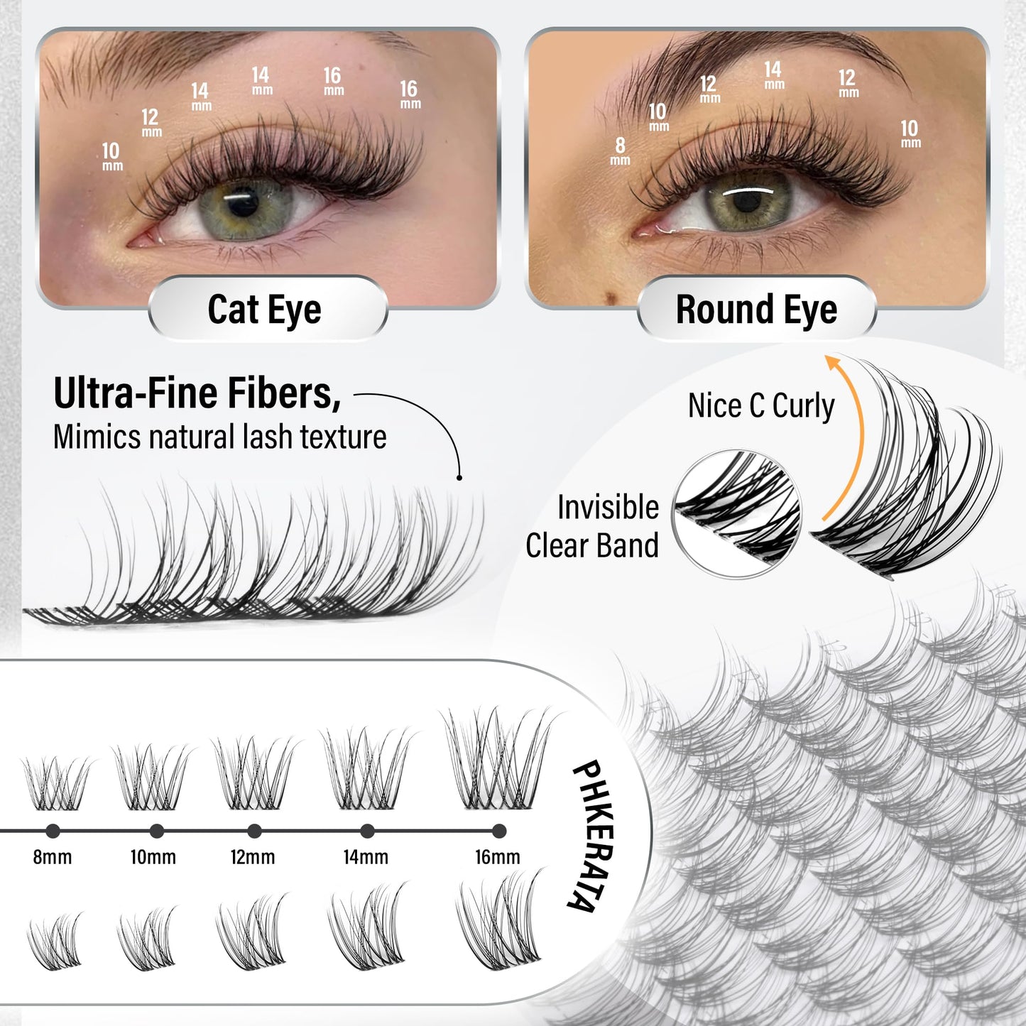 PHKERATA Velure Lash Clusters Kit Natural Eyelash Clusters Wispy Lash Extension Kit Invisible Clear Band Lashes DIY Cluster Eyelash Extensions with Bond and Seal Tweezers, 8-16mm, 120Pcs