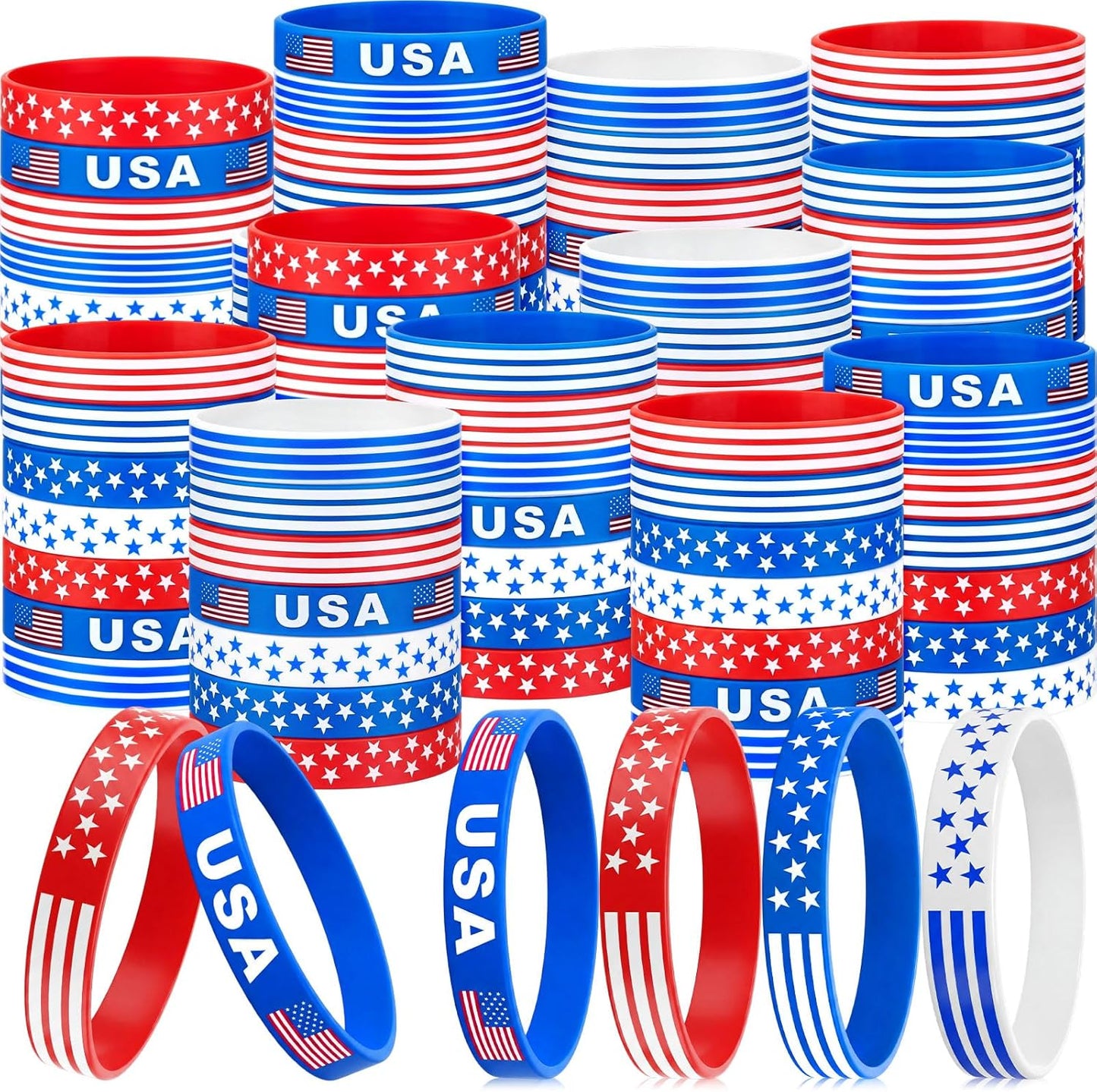 48 Pcs 4th of July Party Favors - Patriotic USA Flag Silicone Bracelets | Red, White & Blue Wristbands for Independence Day