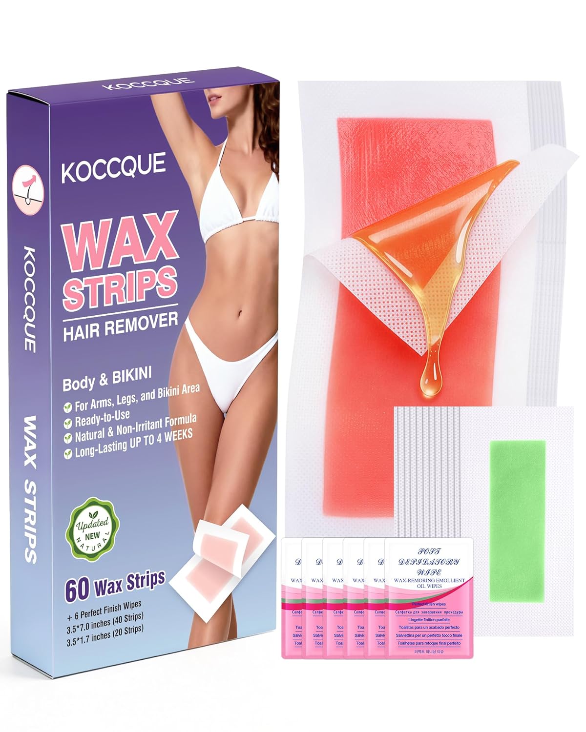 Wax Strips Waxing Kit for Women - Hair Removal for Legs, Arms, Face & Bikini | 60 Strips + 6 Wipes | Hypoallergenic & Dermatologically Tested