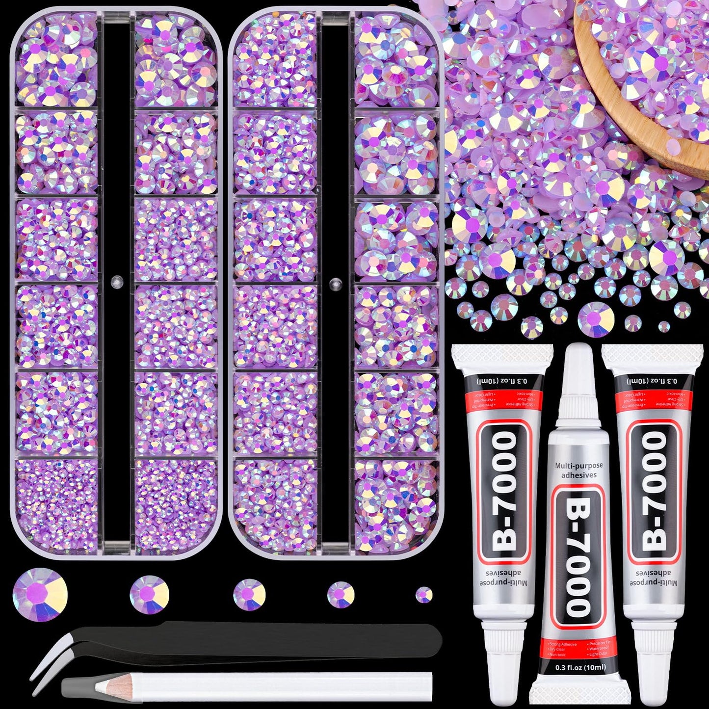 Resin Rhinestones - 32000 Pcs Flatback Gems for Bedazzling | Silver Clear Crystal Kit with 3 Pcs B7000 Glue for Nail Art & Crafts