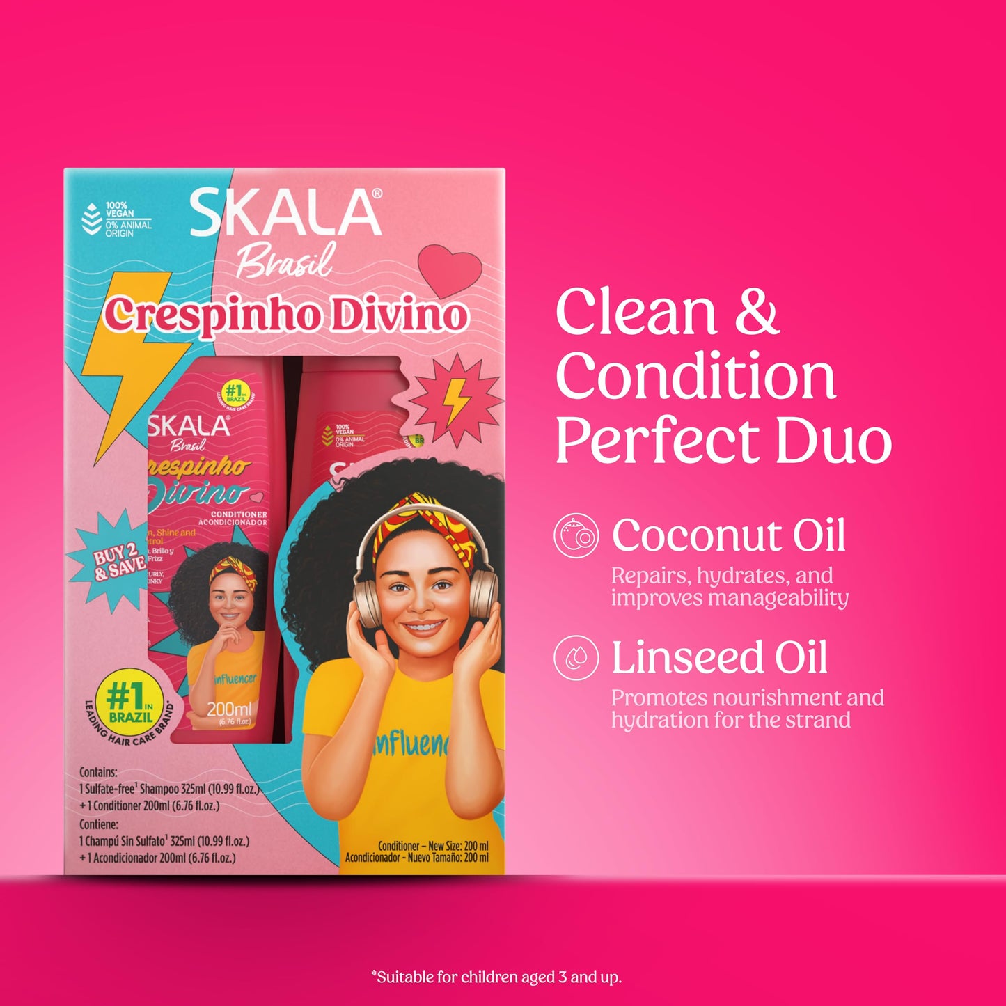 SKALA Kit Shampoo & Conditioner Crespinho Divino Moisturizing and Shine Care for Kids Curly, Coily and Kinky Hair, 10.9 fl oz Each