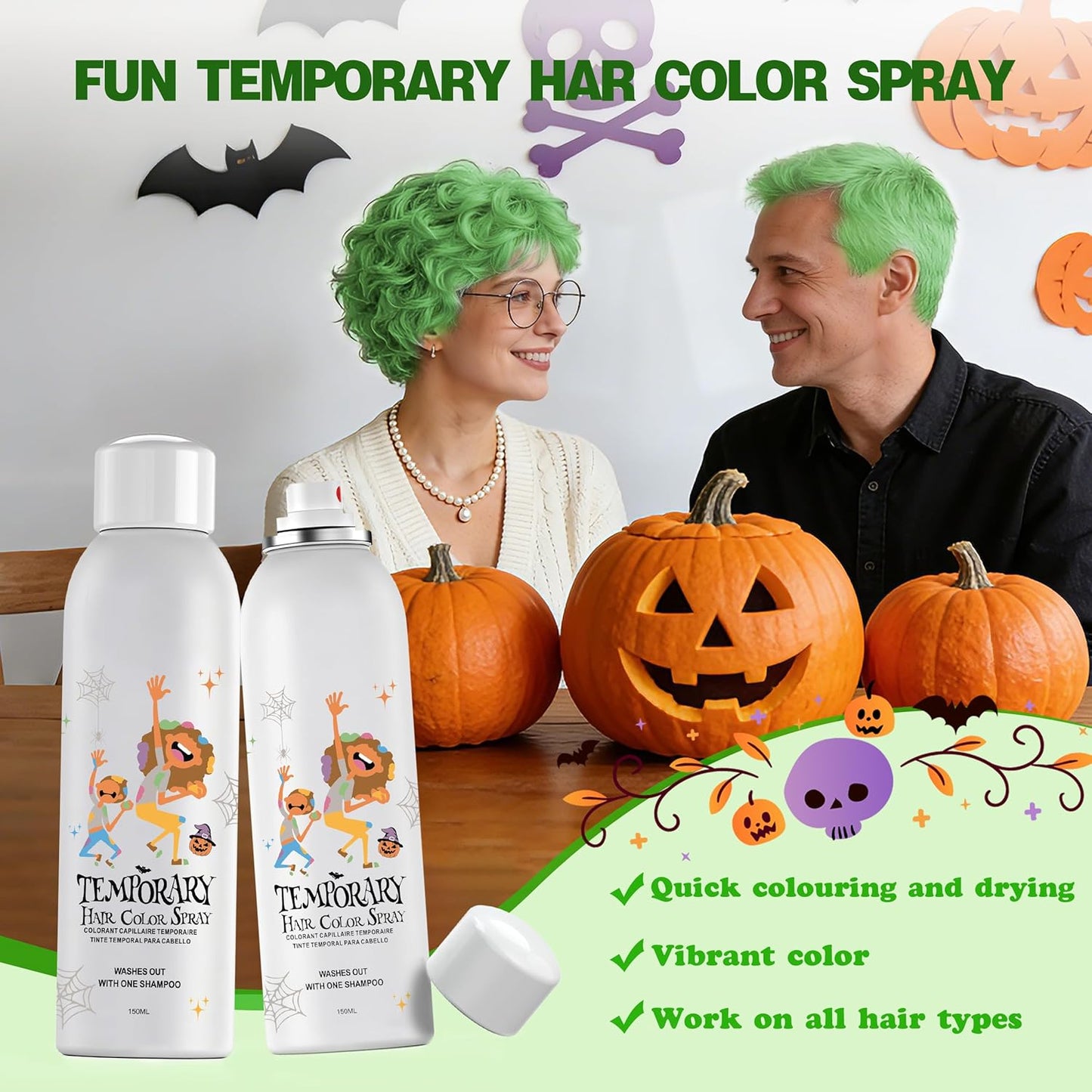 Temporary Hair Color Spray - Green Instant Dye for Men & Women | Washable, Quick Styling for Parties & Cosplay, 150ml