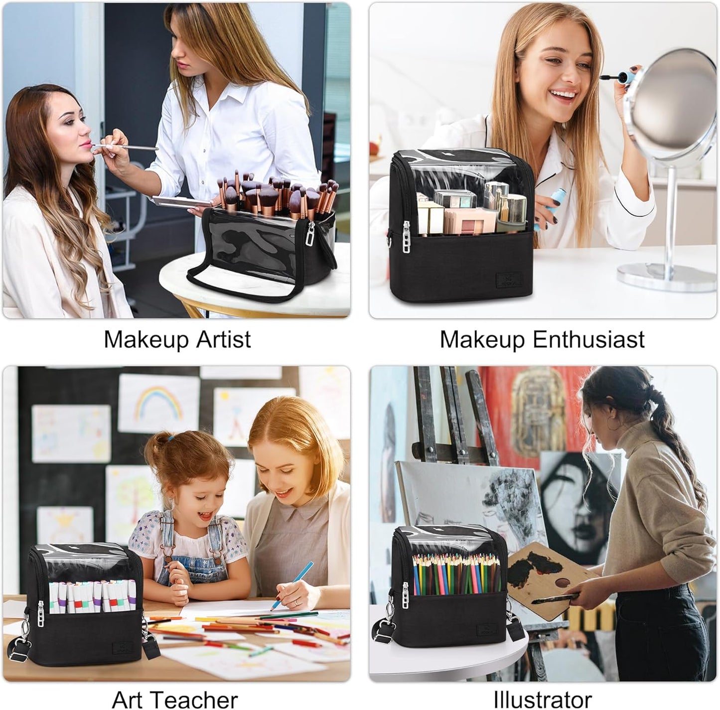 Makeup Brush Organizer - Large Travel Makeup Brush Holder with Adjustable Divider | Professional Cosmetic Storage Bag - Black