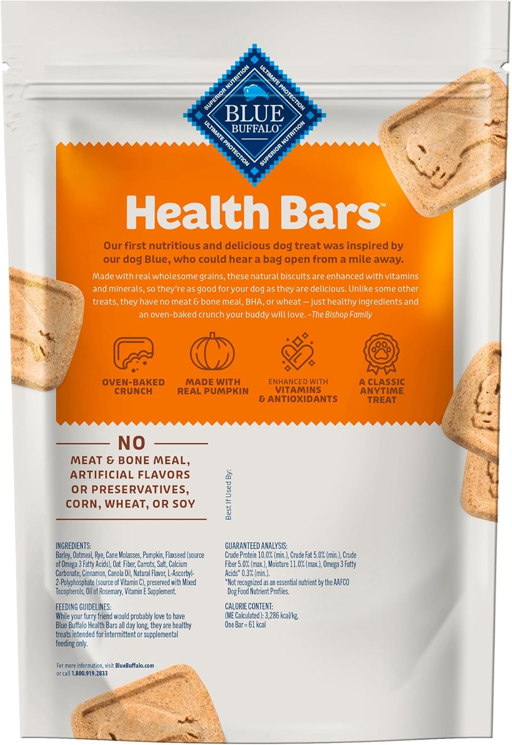 Blue Buffalo Dog Treats - Pumpkin & Cinnamon Crunchy Health Bars | Oven-Baked, Natural Ingredients, 16 oz.