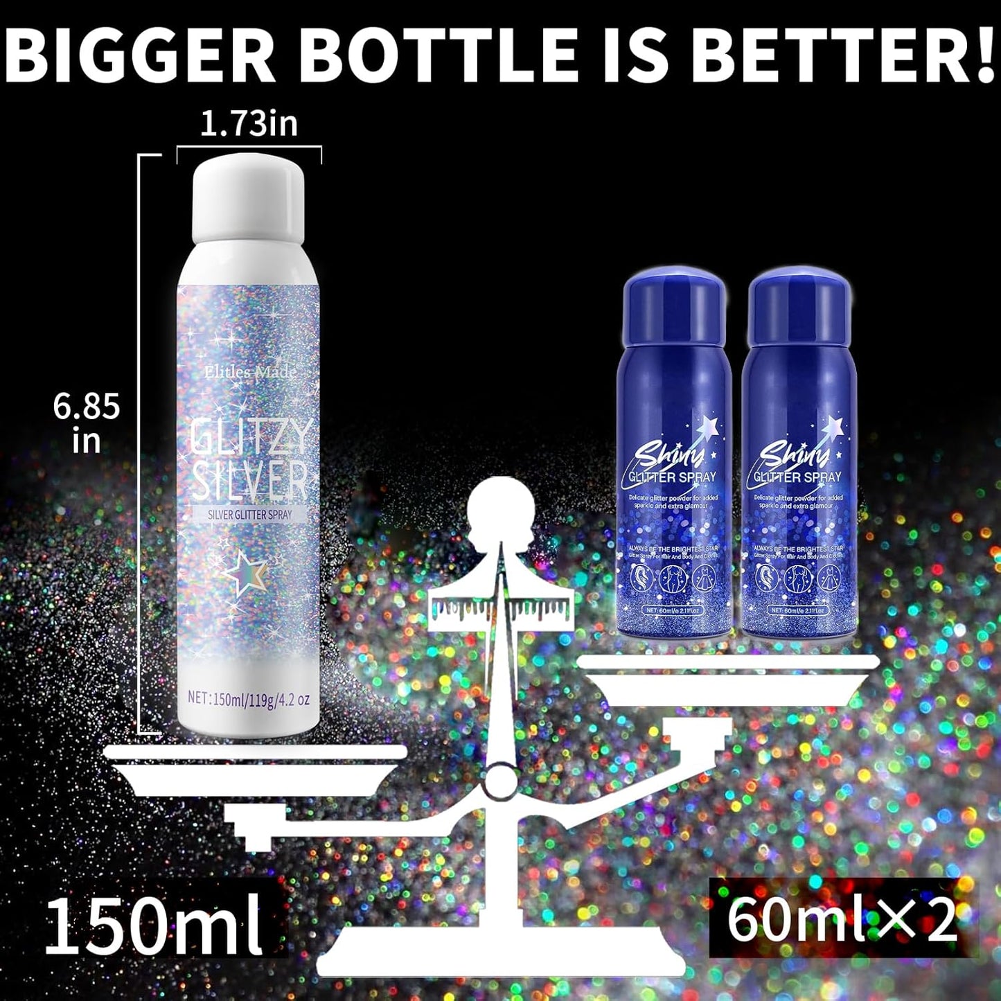 Hair Glitter Spray - Holographic Silver Body Glitter for Hair & Skin | 150ML Shimmering Festival Makeup