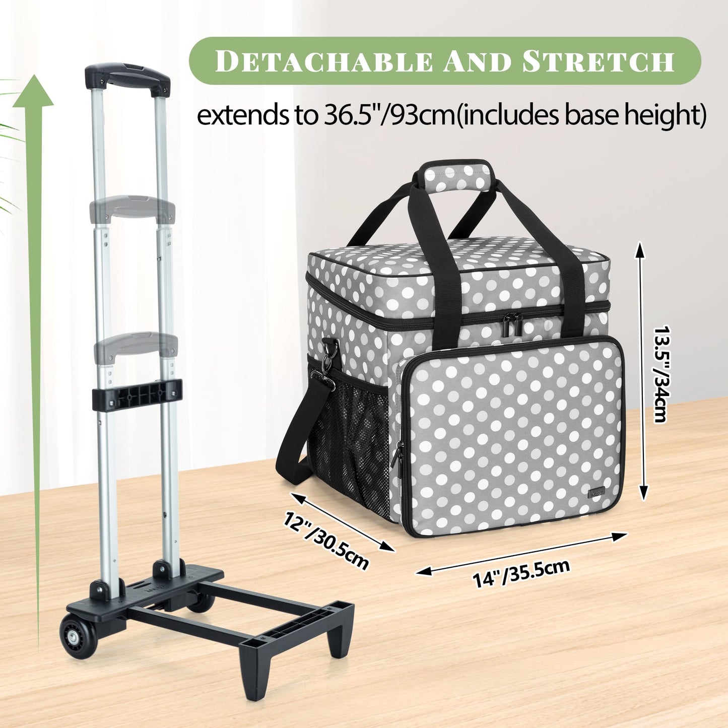 LUXJA Rolling Scrapbook Tote, Scrapbook Bag with Detachable Dolly (Patented Design), Gray Dots