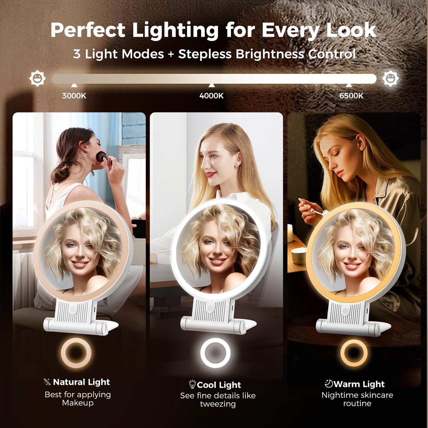 tubbede 1X/30X Lighted Makeup Mirror with Magnification, Double-Sided Switch, 3-Color Lights, 2000mAh Rechargeable, Adjustable Brightness for Vanity Table or Bathroom (White)