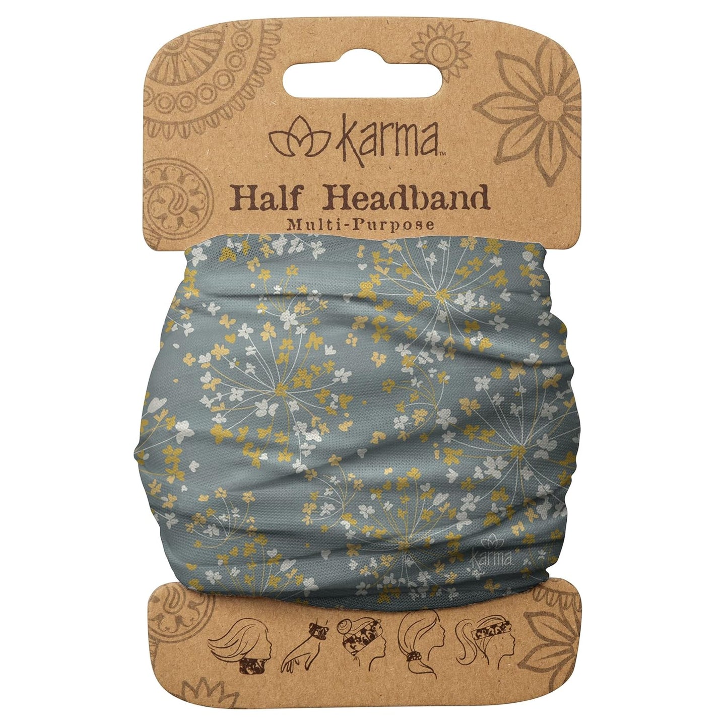 Floral Headband for Women | Stretchy Fabric Hair Scarf - Light Tan & Blue - Medium Size