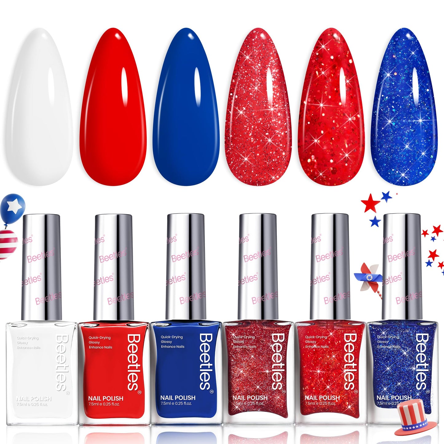 Beetles 4th of July Nail Polish - Midnight Fireworks, 6 Colors Red White and Blue Nail Polish Set Sparkle Glitter Fingernail, Quick Dry Long Lasting DIY Red White and Blue Nails Art Design for Summer