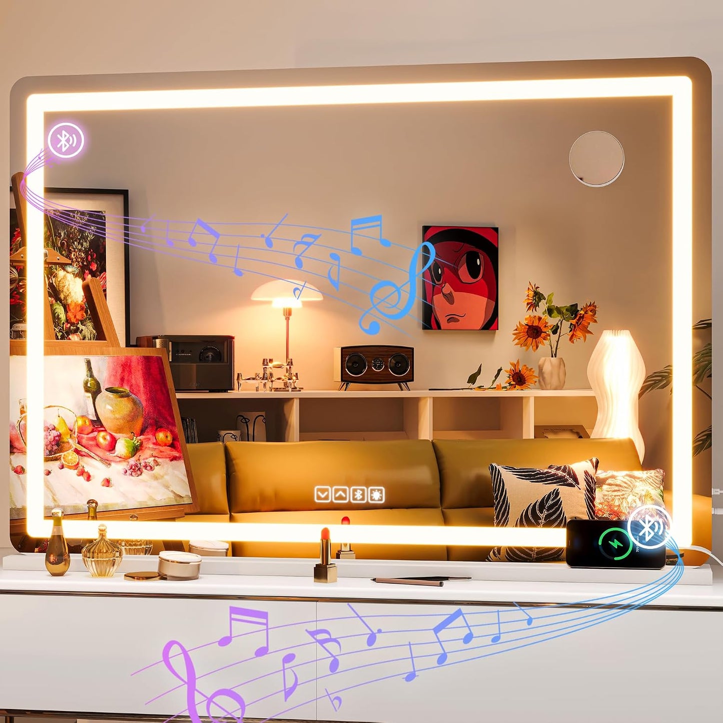LED Makeup Mirror with Lights - 31.5" x 22" Dimmable Touch Screen Vanity Mirror | Round Black Design