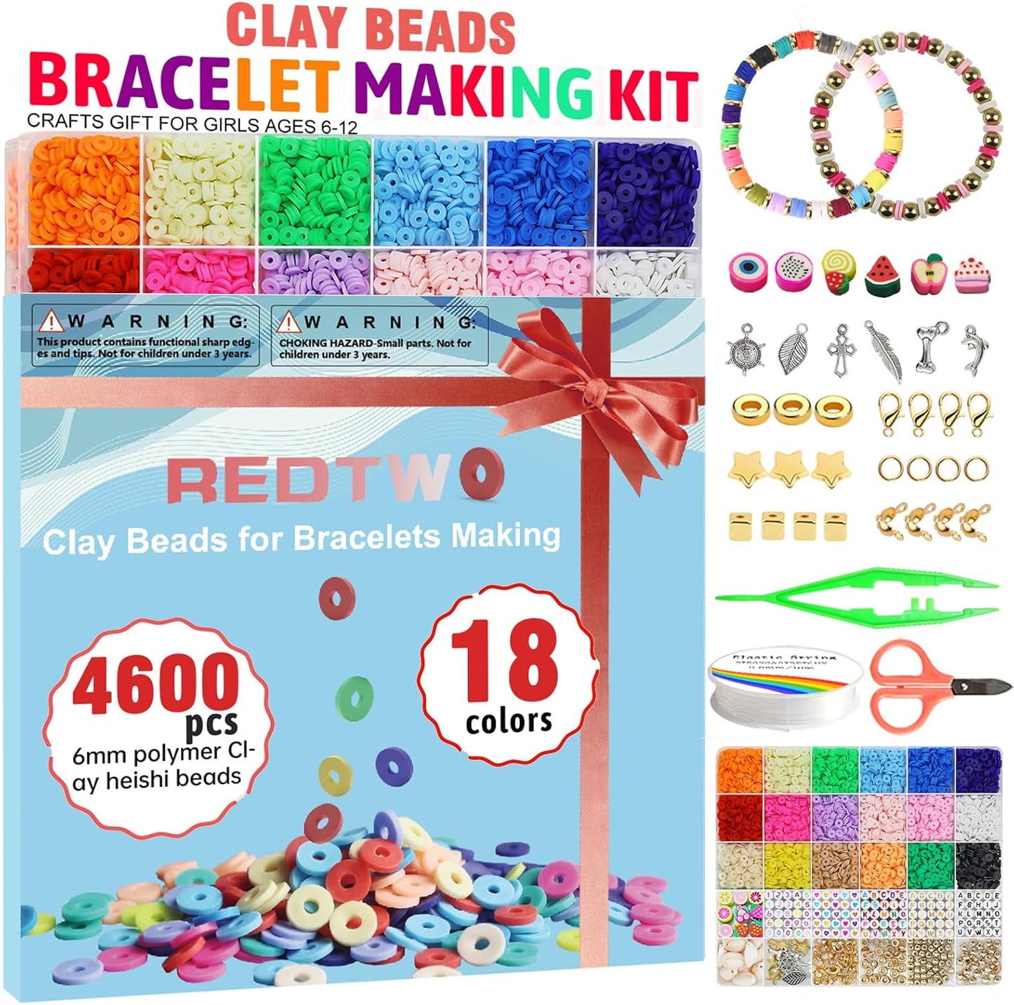 Clay Beads Bracelet Making Kit - Flat Preppy Polymer Heishi Beads with Charms | Craft Gifts for Girls Ages 8-12