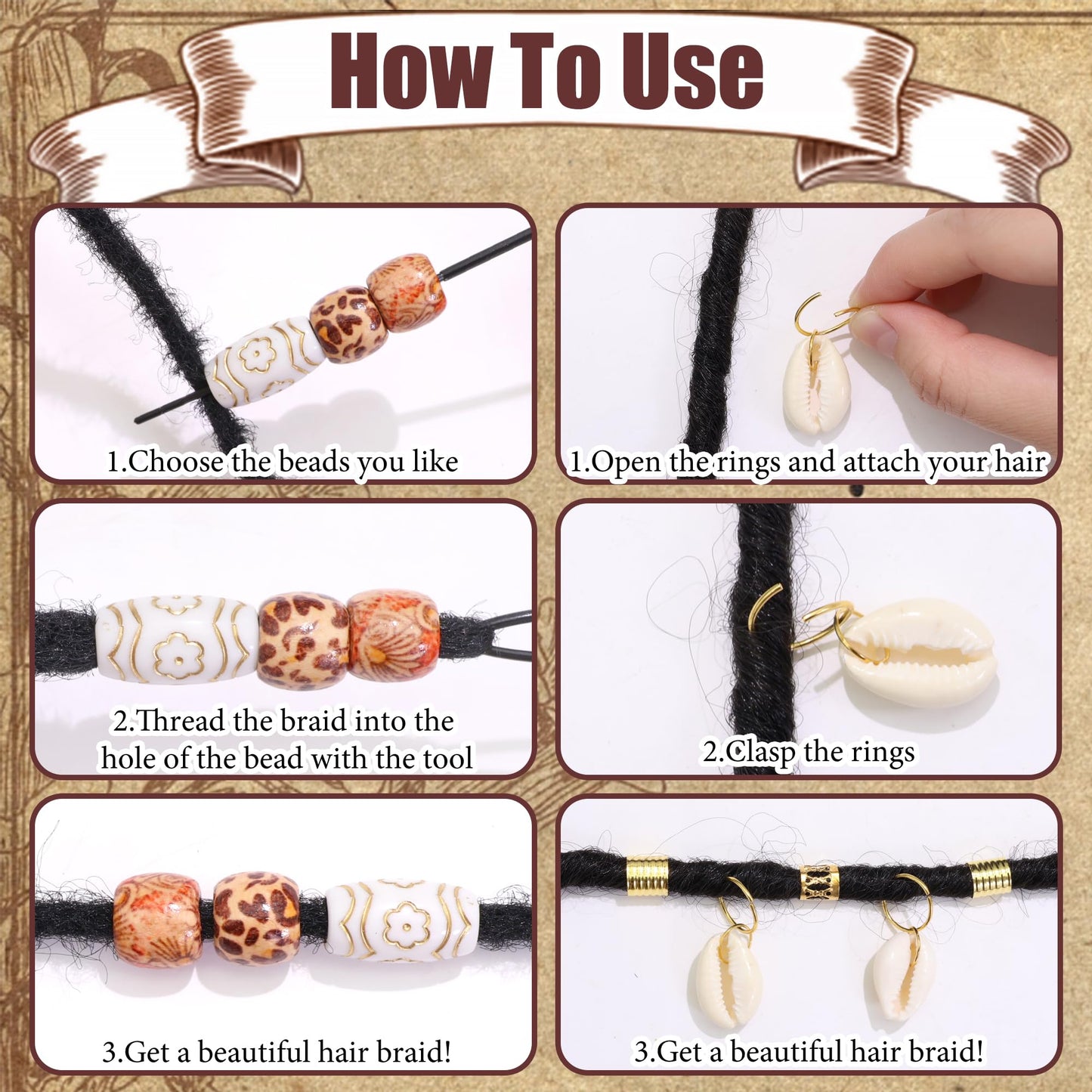 NAISKA 85PCS Shell Hair Jewelry for Braids Wooden Hair Beads Seashell Pendents Braid Jewelry Gold Hair Cuffs Rings Assorted Beads for Braids Multi-styles Braid Accessories for Women Girls