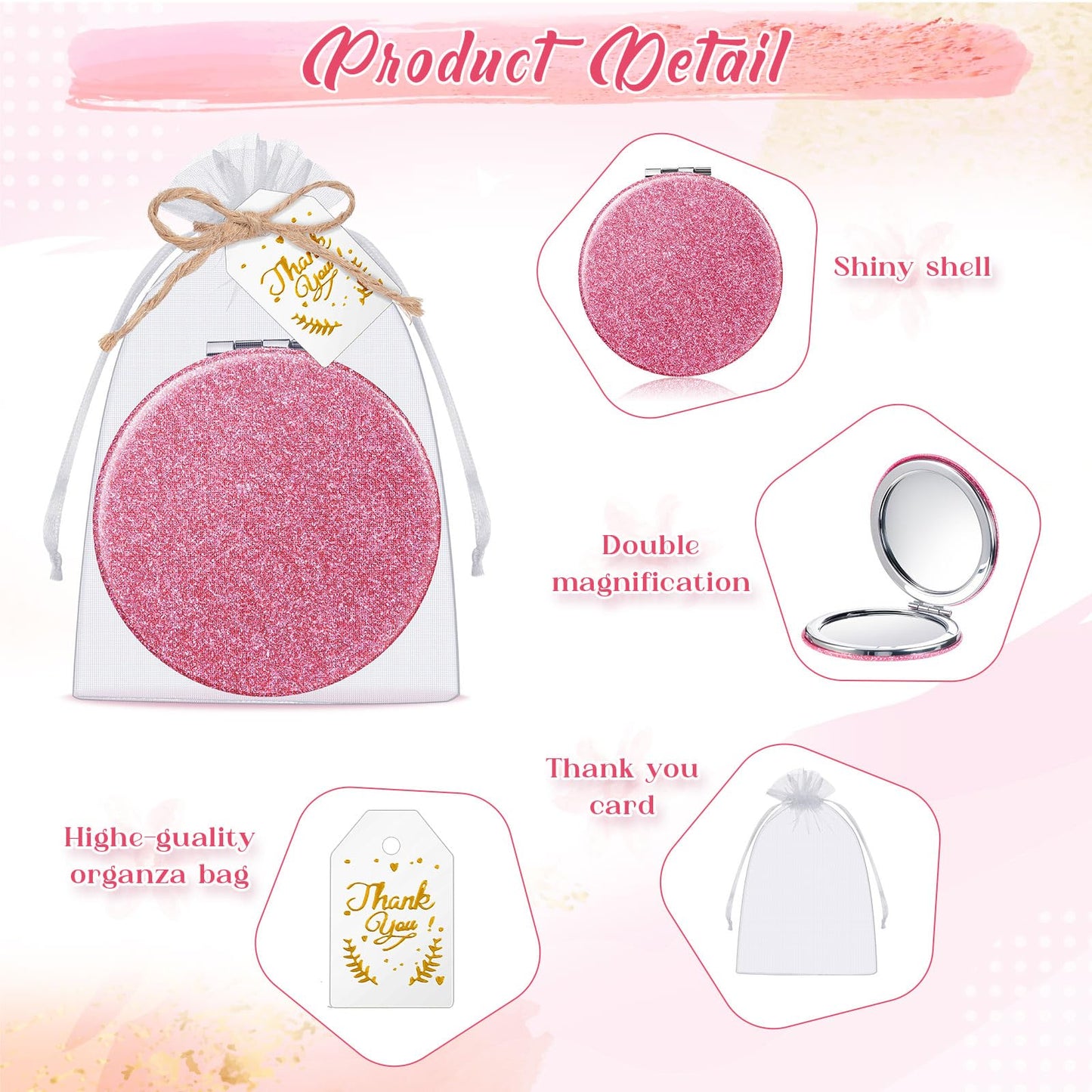 Chunful 30 Set Compact Mirrors Gifts with Thank You Card Quinceanera Party Favors for Guests Women Bridal Shower Wedding Bridesmaids Bachelorette (Pink)
