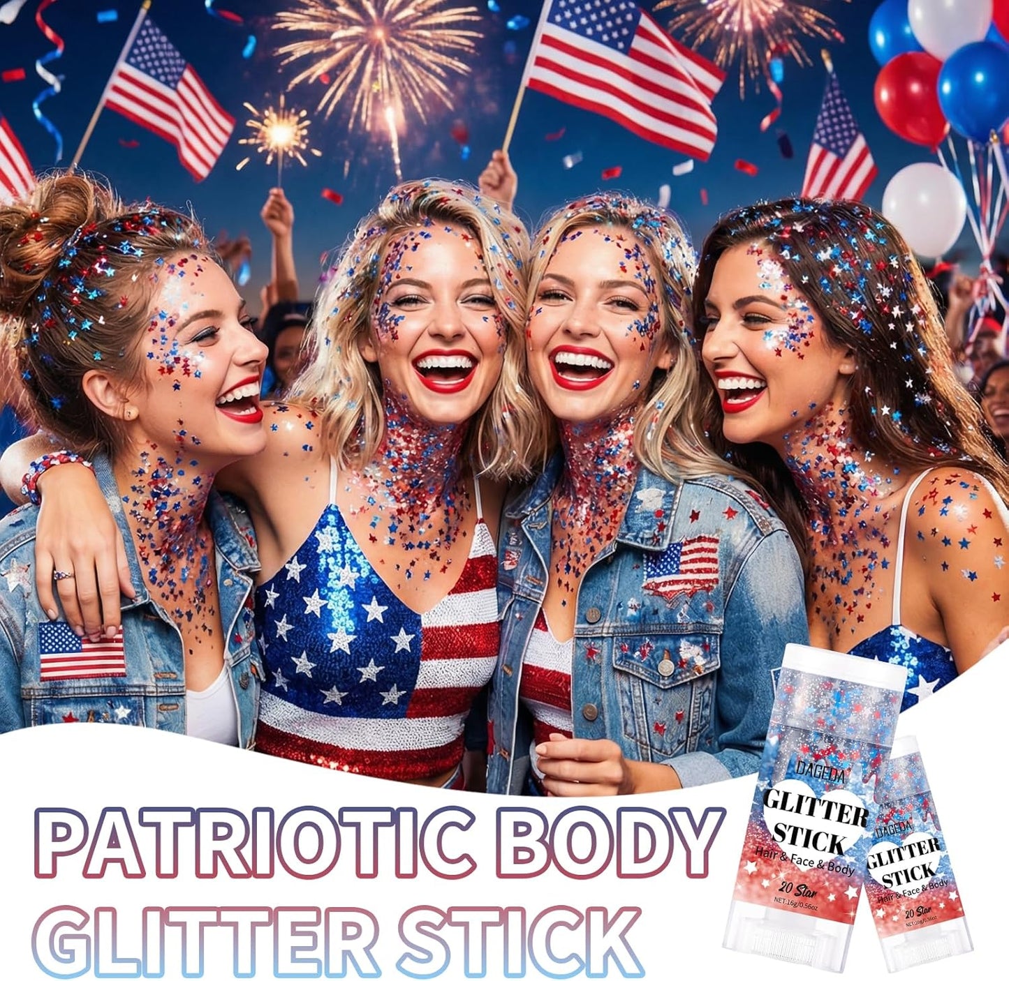 Red White Blue Body Glitter Stick - Sparkly Face Makeup for 4th of July | Shimmer Paint for Independence Day Costumes