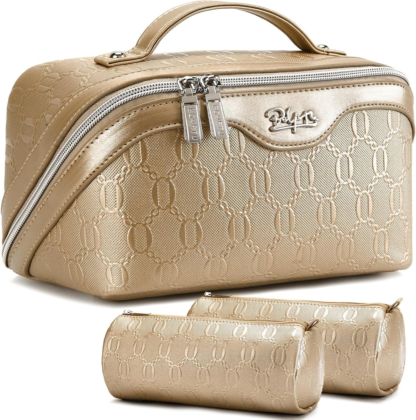 Travel Makeup Bag Set - Large Vegan Leather Cosmetic Organizer with Handle | 3 Pcs Portable Toiletry Bags in Coffee