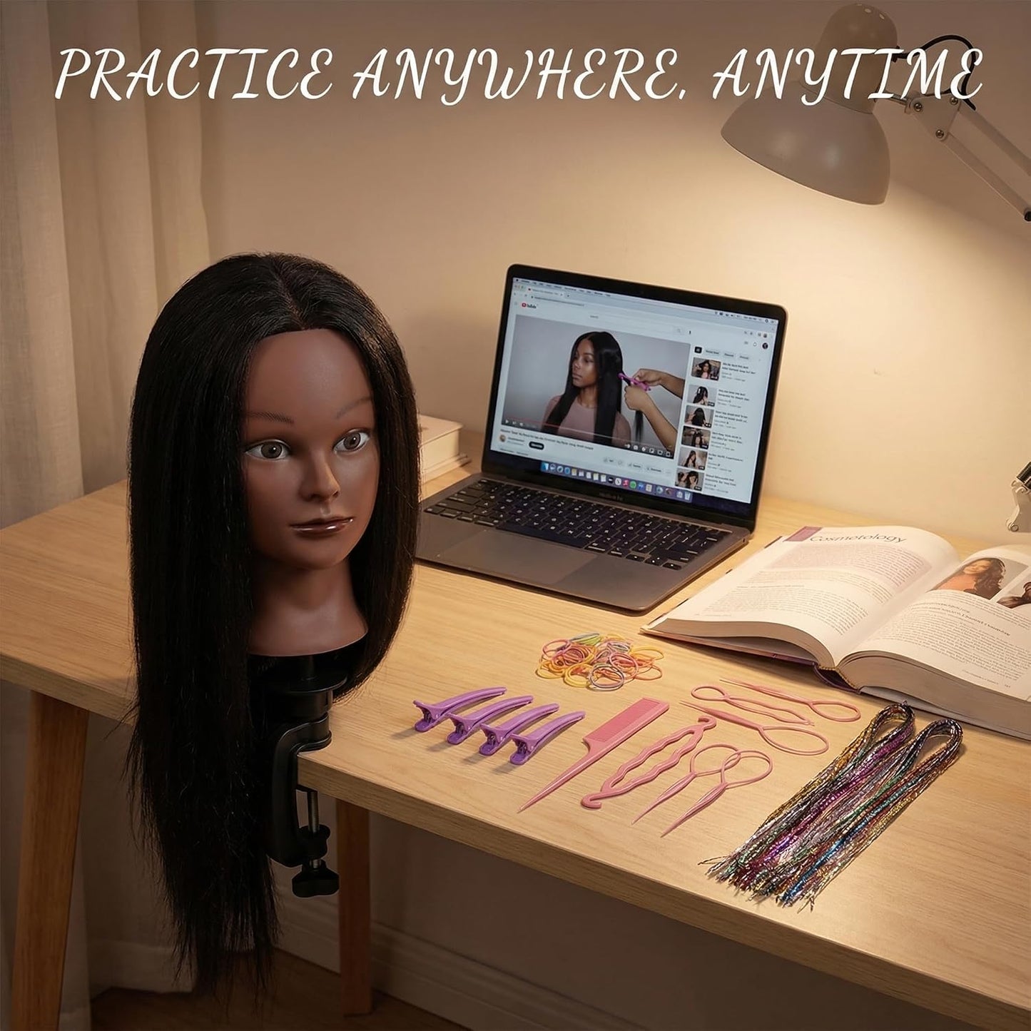 16-Inch Human Hair Mannequin Head - Braiding Practice Doll with Clamp Stand | Black