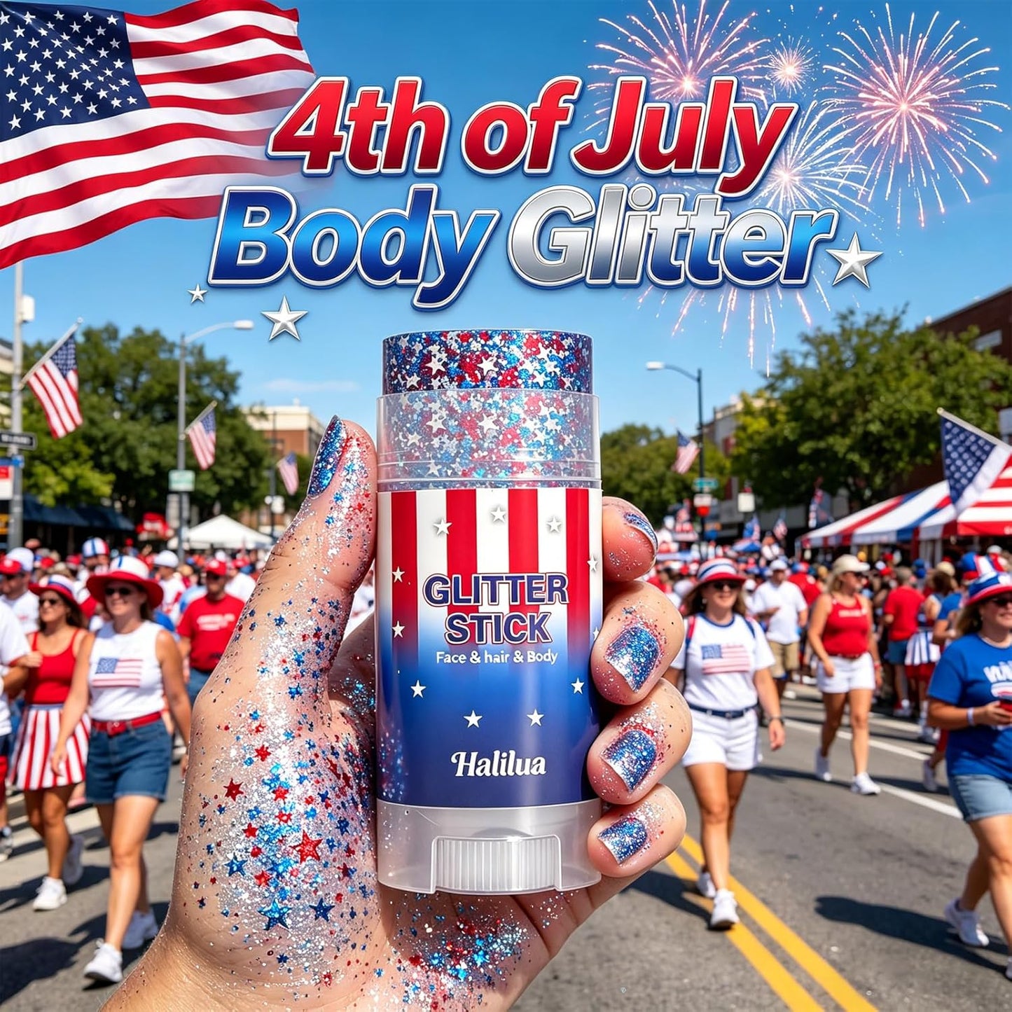 4th of July Glitter Stick - Red White and Blue Face & Body Glitter | Patriotic Hair Accessories for Women & Kids