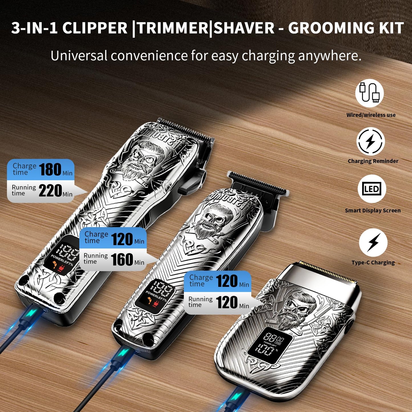 BESTBOMG Professional Cordless Mens Hair Clippers & Beard Trimmer and Electric Shavers Kits & Sets,Metal Hair Clippers Cutting Grooming Kit with Long Battery Life for Family Barber Use (Gray)