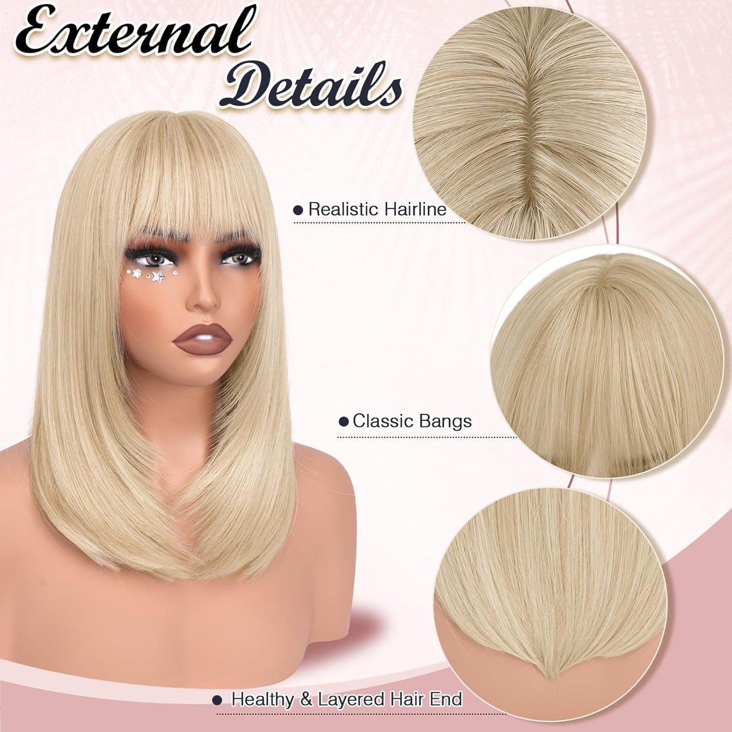 Blonde Bob Wigs with Bangs - Shoulder Length Straight Synthetic Hair | 16 Inch Platinum Blonde