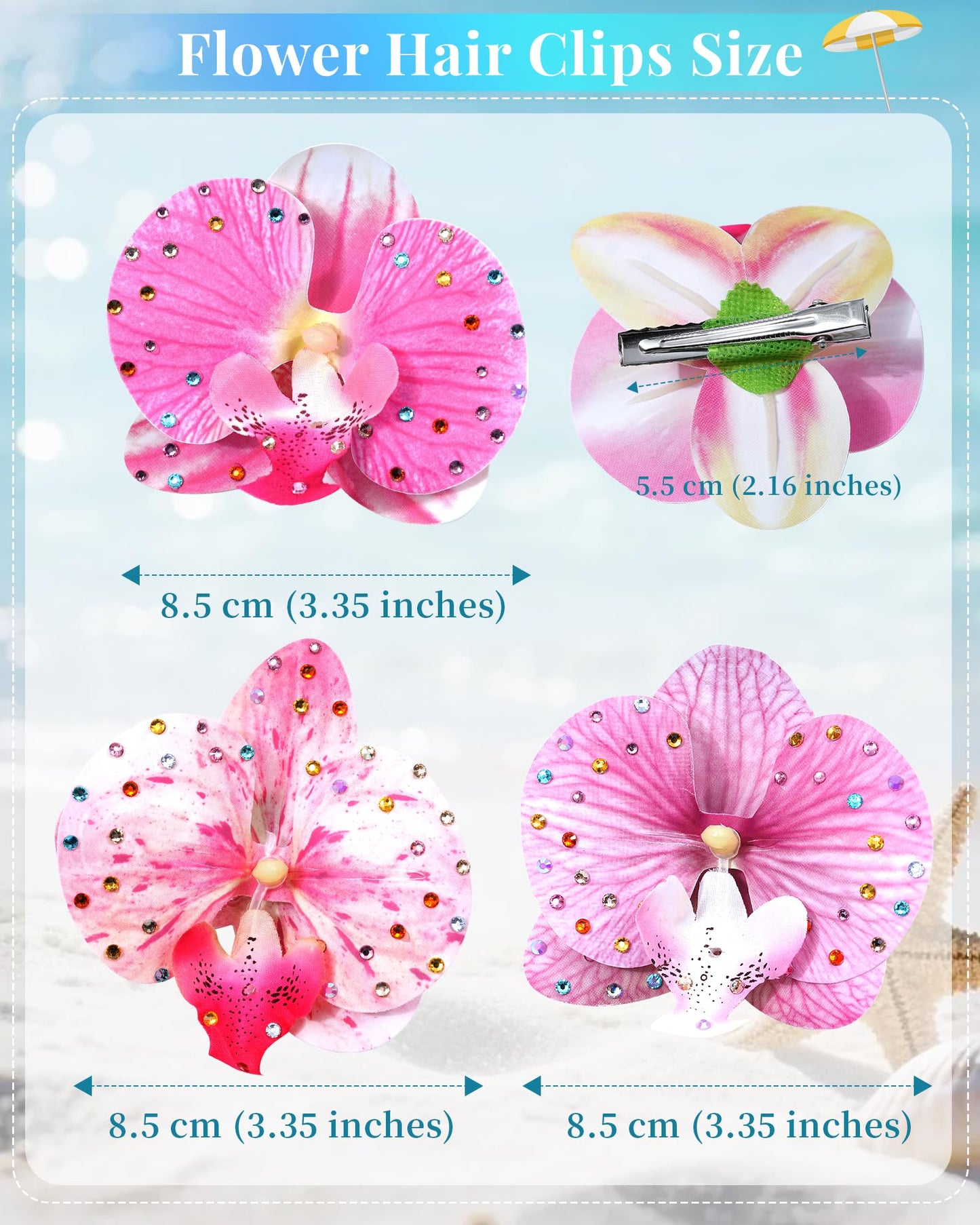 Mesovor 3 Pack Hawaiian Flower Hair Clips, Artificial Tropical Flower Orchid Hair Pin | Rhinestone Hairpins Hair Accessories for Wedding Bridal Beach Party (Pink Moth Orchid)