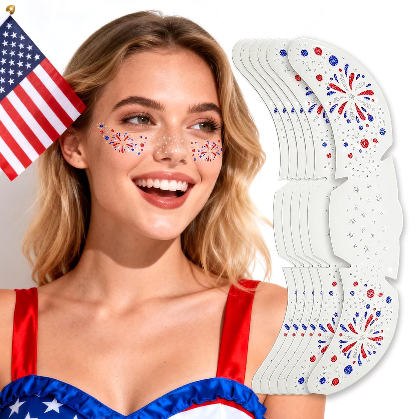 Red White and Blue Glitter Freckles Face Tattoos - 6PCS Patriotic Sparkle Stickers for 4th of July | Independence Day Decor