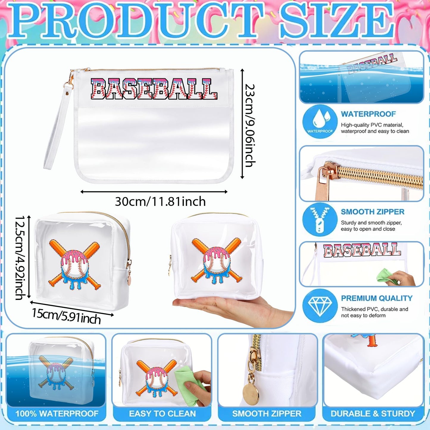 Tallew 2 Pcs Ice Cream Drip Baseball Makeup Bags Gifts Baseball Snack Pouch Mom Essentials Clear Cosmetic Bag Chenille Letter with Zipper Toiletry Purse Accessories Travel Case for Team Sport Gifts