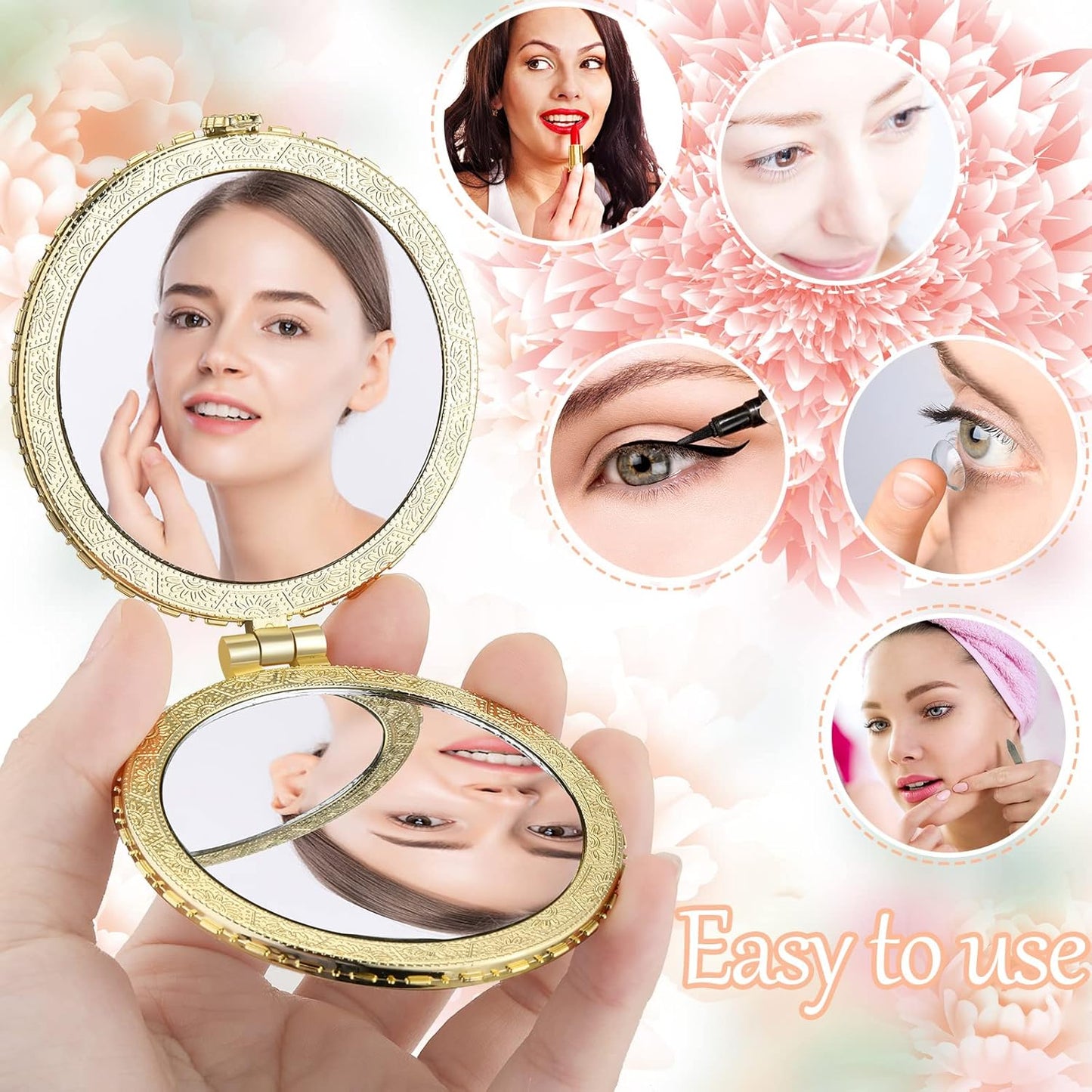 Compact Floral Pocket Mirror - 48-Piece Set for Purse | Retro Folding Makeup Travel Gift for Women