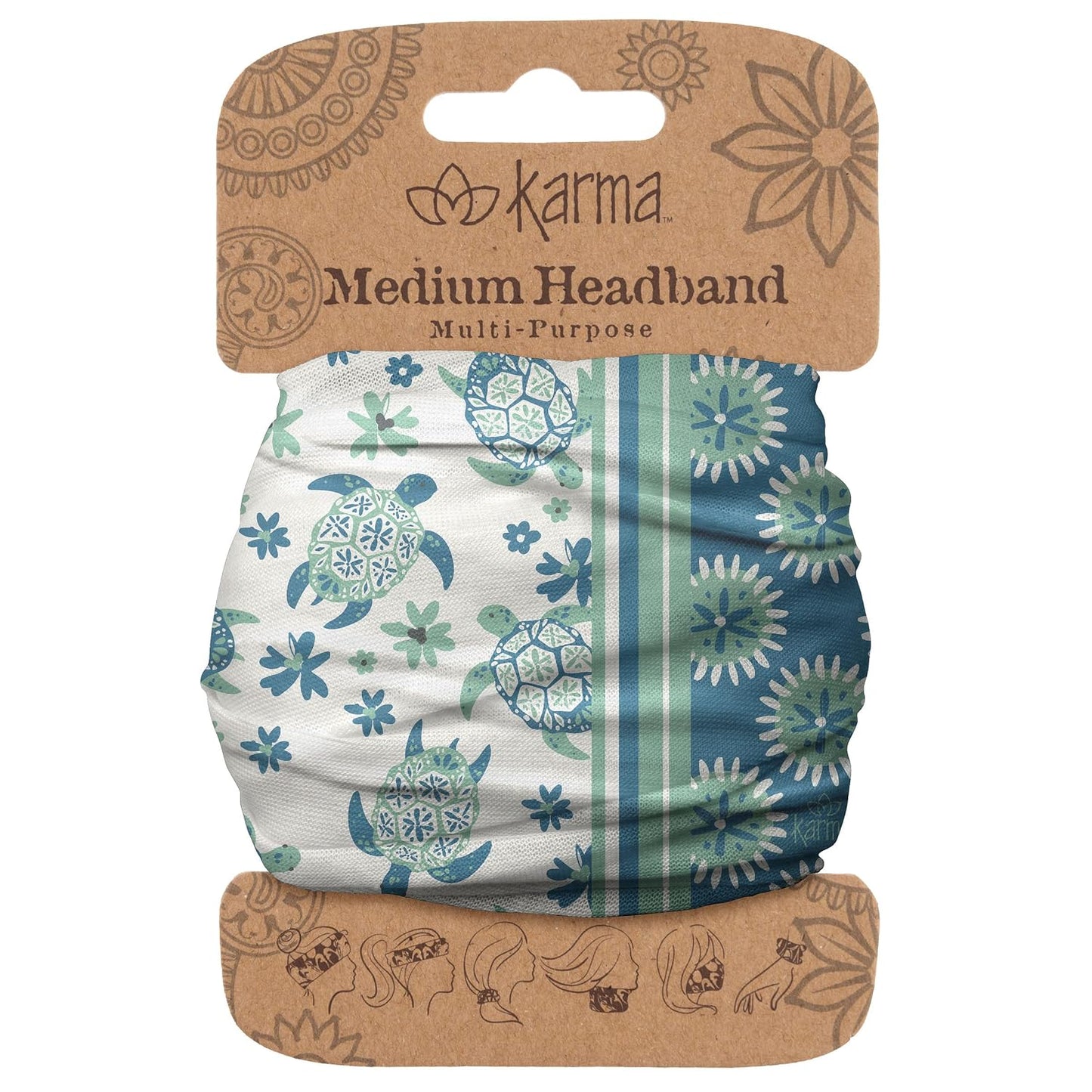 Floral Headband for Women | Stretchy Fabric Hair Scarf - Light Tan & Blue - Medium Size