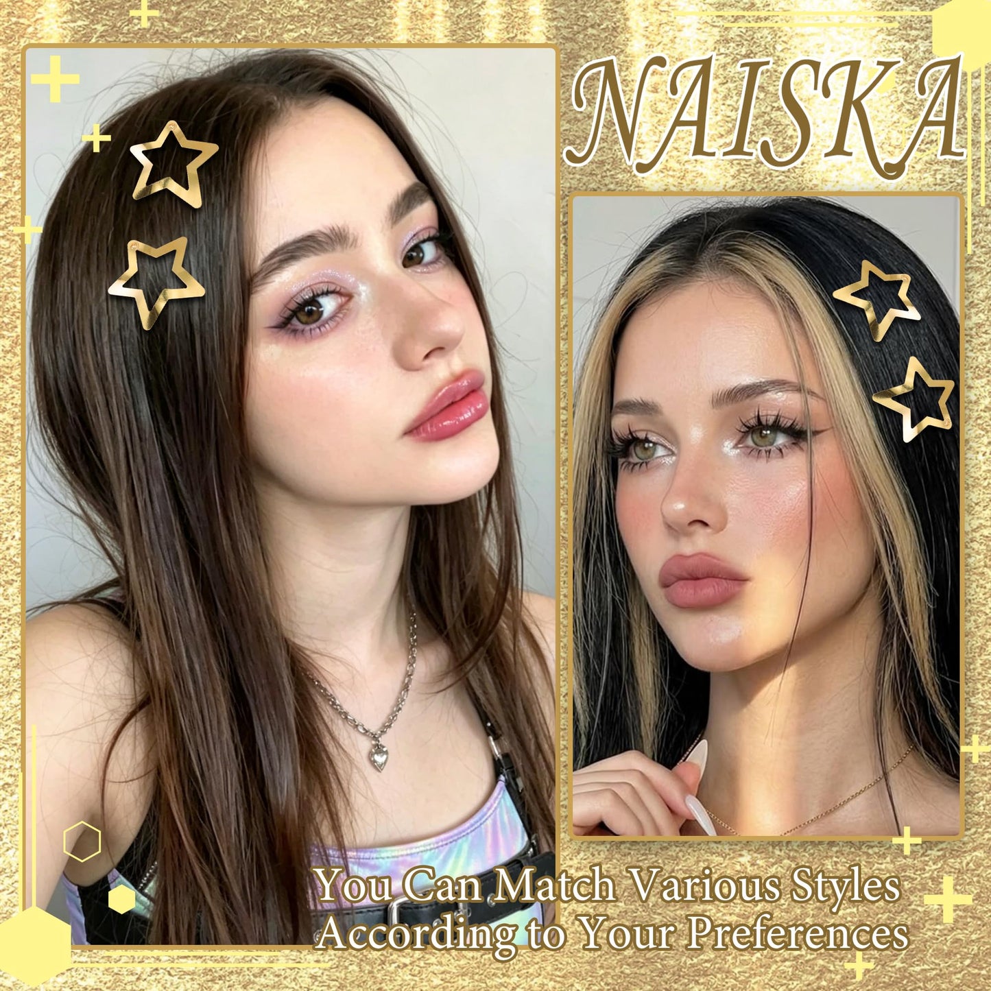 NAISKA 24PCS Gold Stars Hair Clips 2000s Y2K Hair Barrettes Metal Rave Pins