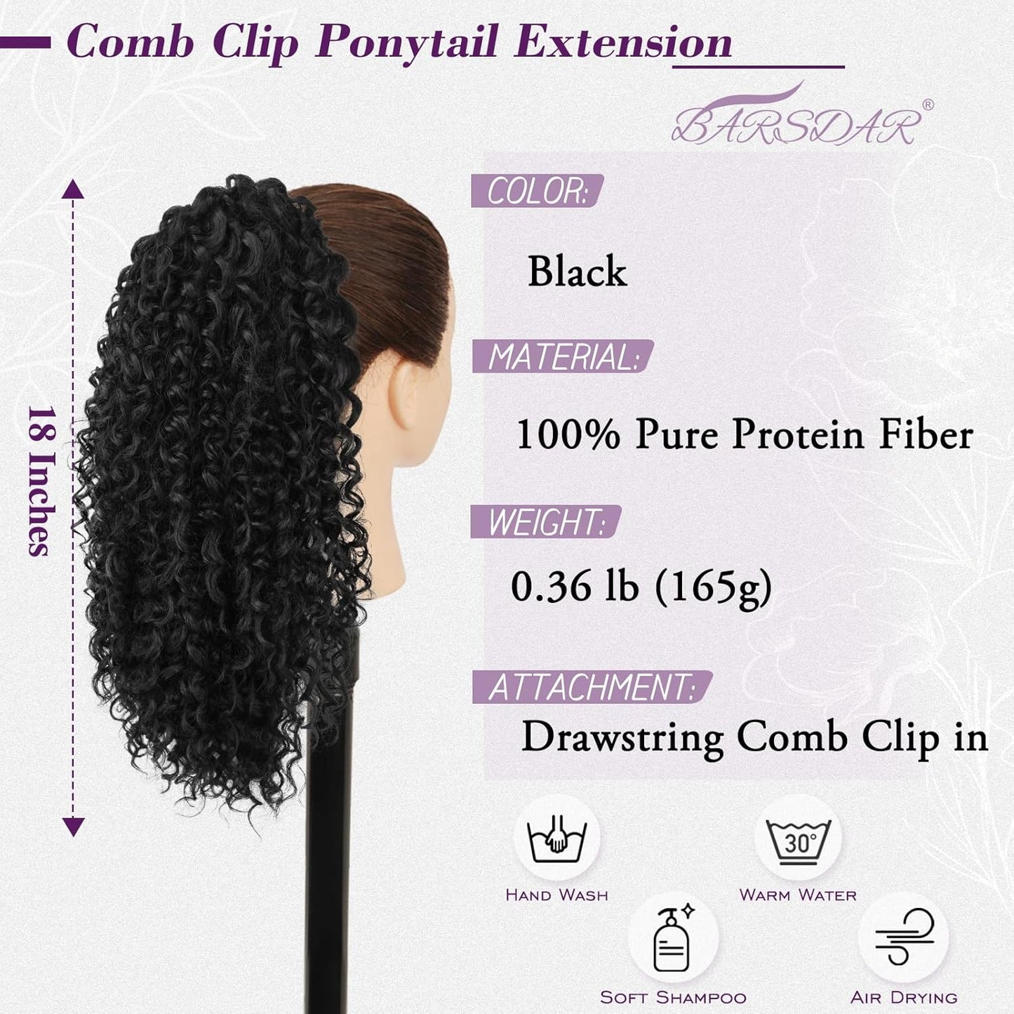 Black Ponytail Extension - 18 Inch Curly Drawstring Hairpiece | Soft, Lightweight Bohemian Style