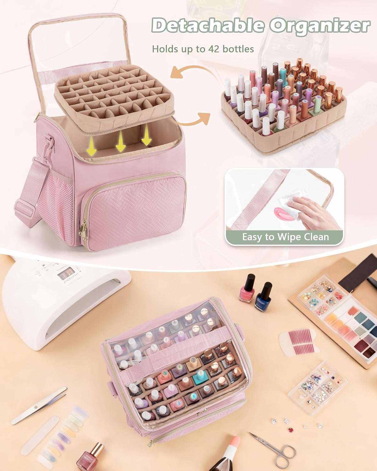 Nail Polish Organizer Bag - Holds 42 Bottles | Double Layer Storage Case for Gel Polish & Tools - Pink