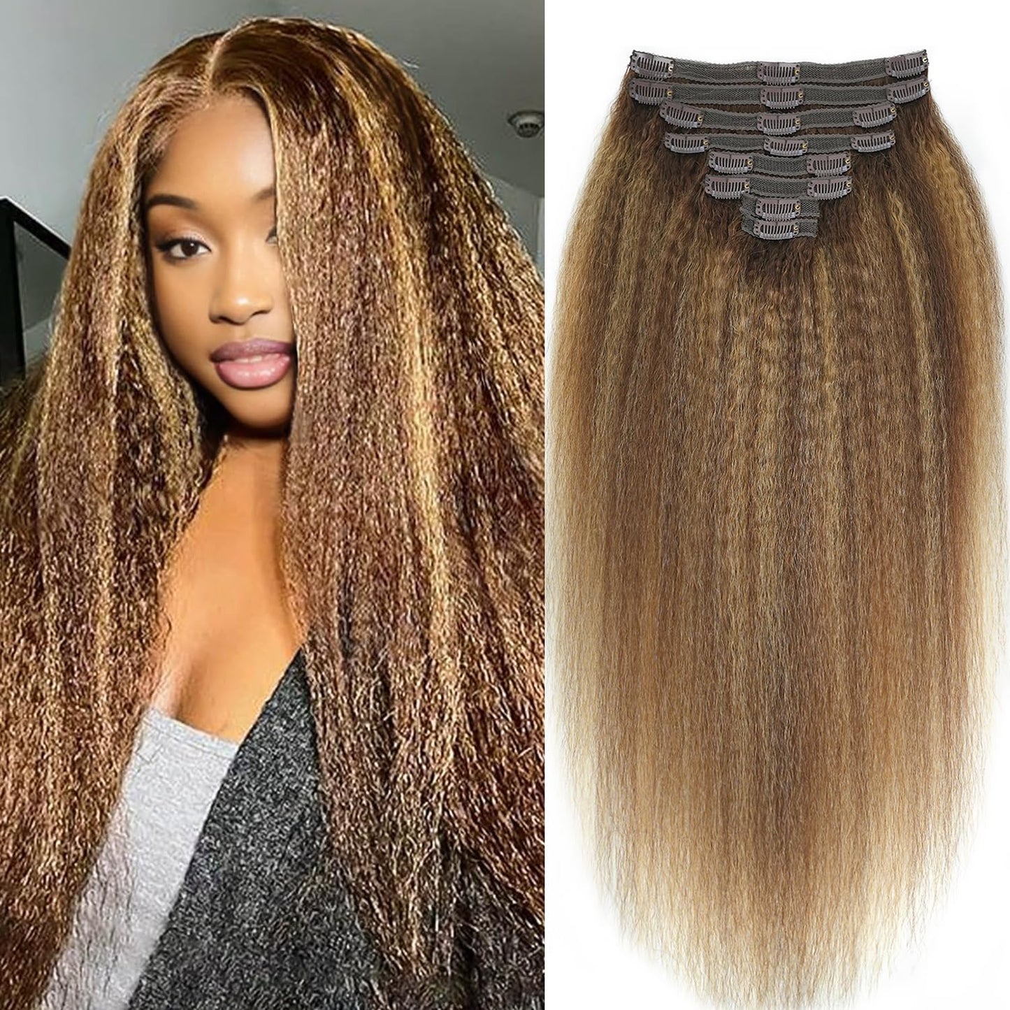 Mihugass Kinky Straight Clip in Hair Extensions Real Human Highlight Clip ins For Women Unprocessed Clip on Hair Extensions(16inch,#4/27/4)