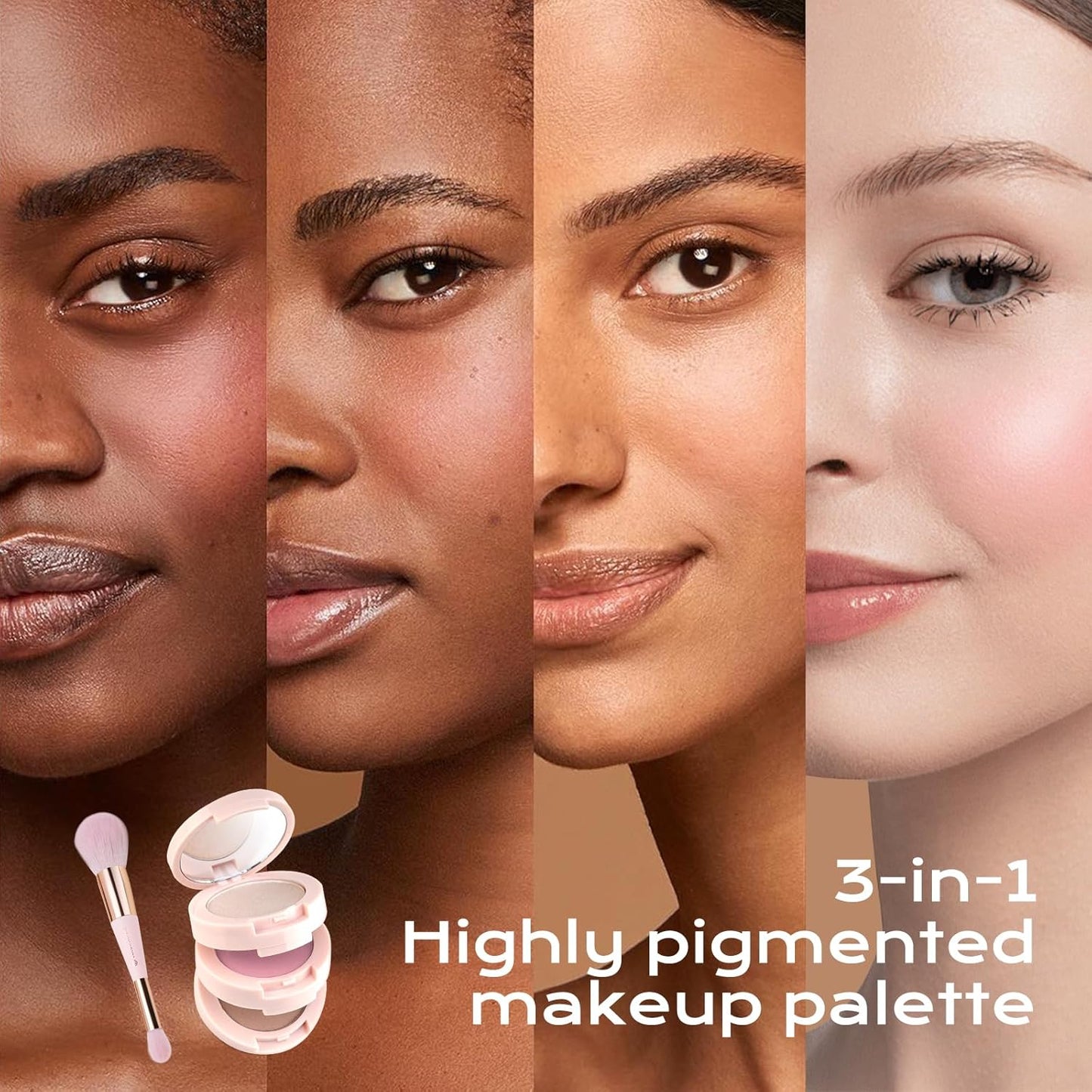 Contour Blush Highlighter Makeup Palette - Travel Size Kit with Brush & Mirror | 3 Colors (Pink)
