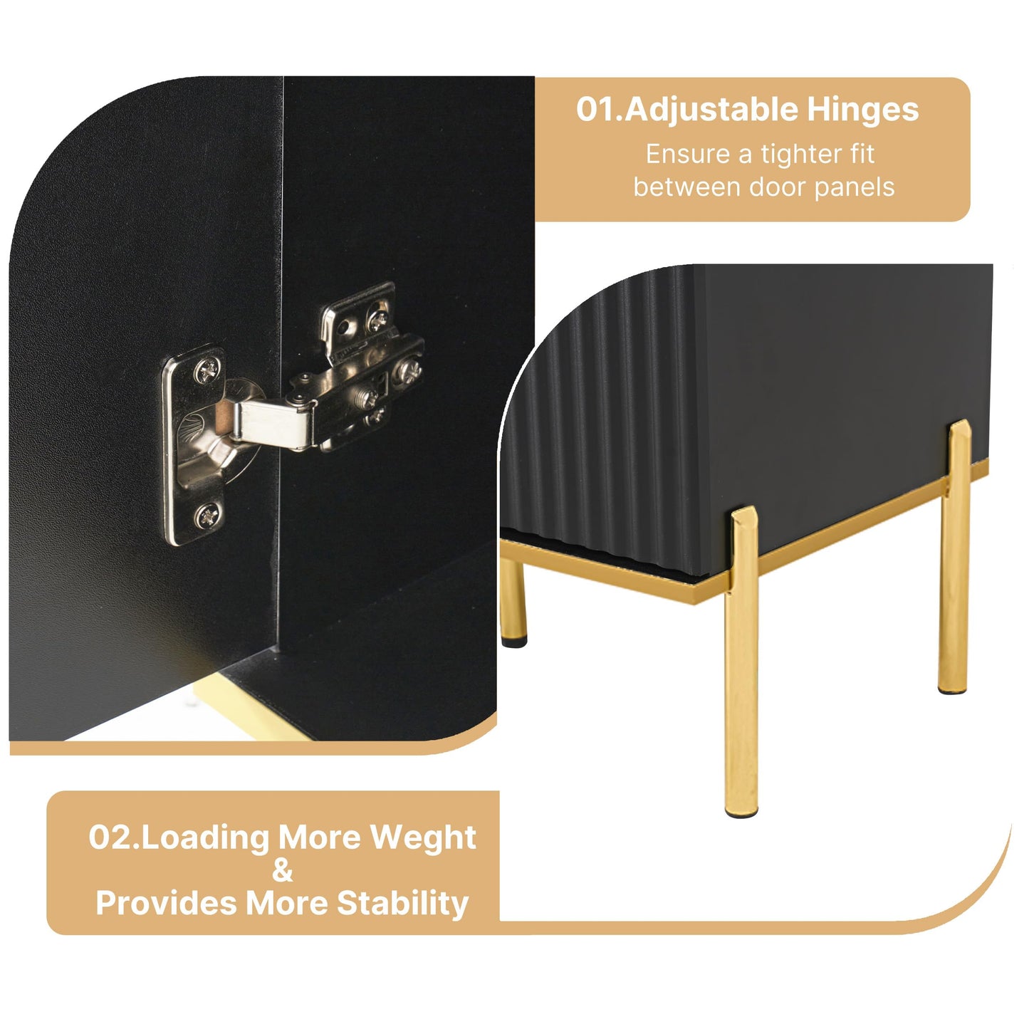 oneinmil 60” Modern Sideboard Buffet Cabinet, Fluted Storage Sideboard with Adjustable Shelves & Pop-Up Doors, Multifunctional Accent Cabinet for Kitchen, Living Room, Hallway, Black and Gold