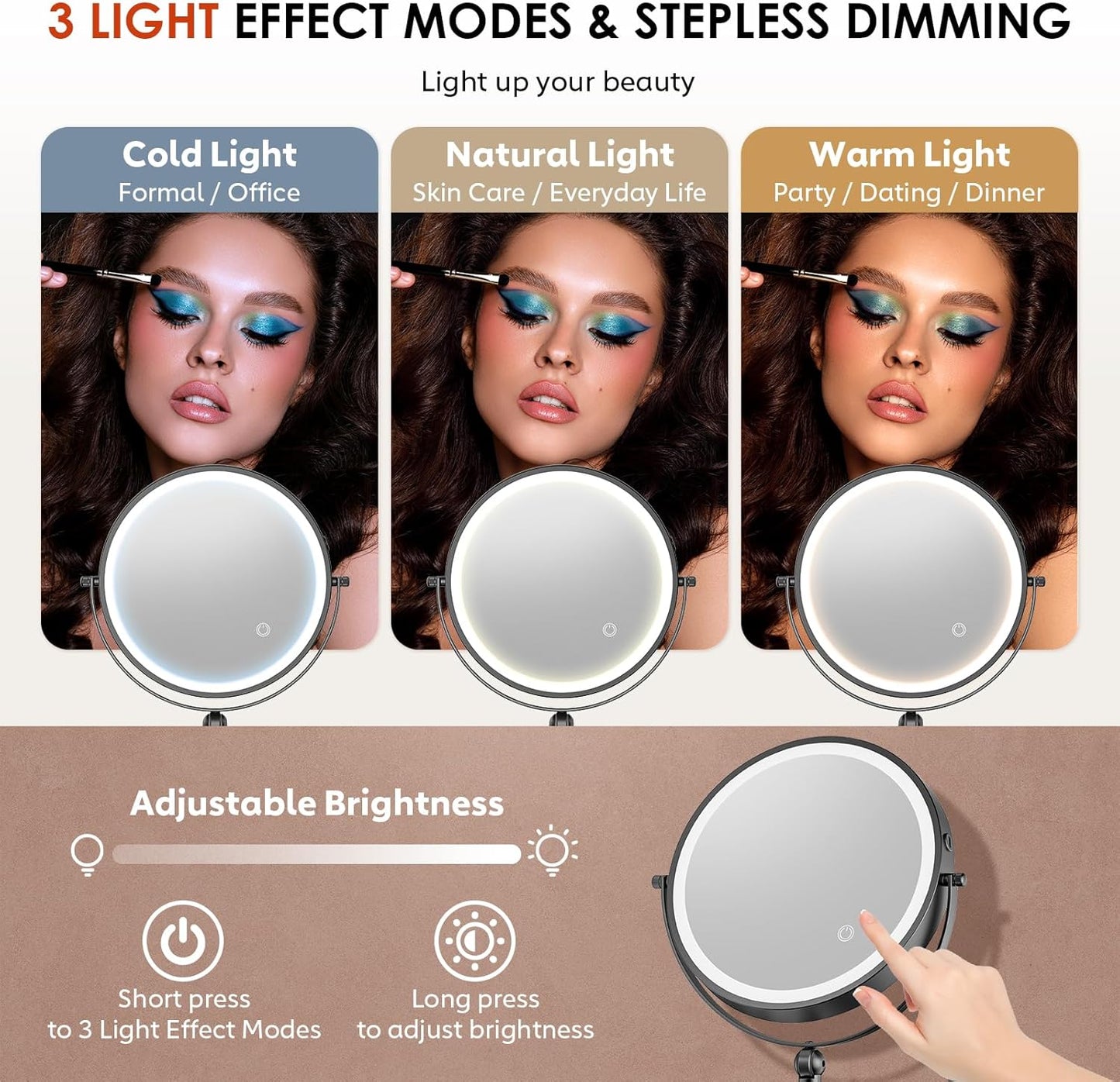 Wall Mounted Lighted Makeup Mirror - 9-Inch Rechargeable Double-Sided 1X/20X Magnification | Touch Dimmable, 360° Rotation, 3 Color Lights