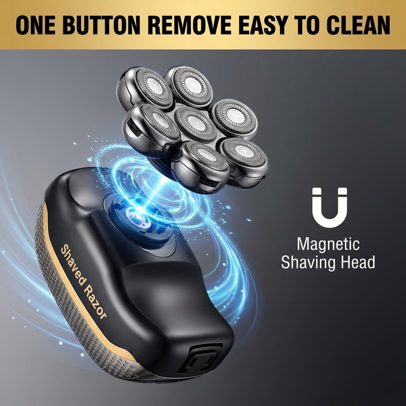 Upgraded 7D Electric Head Shaver for Men: Waterproof Wet & Dry Razor with Detachable Heads, LED Display, Rechargeable Grooming Kit with Type-C Fast Charging