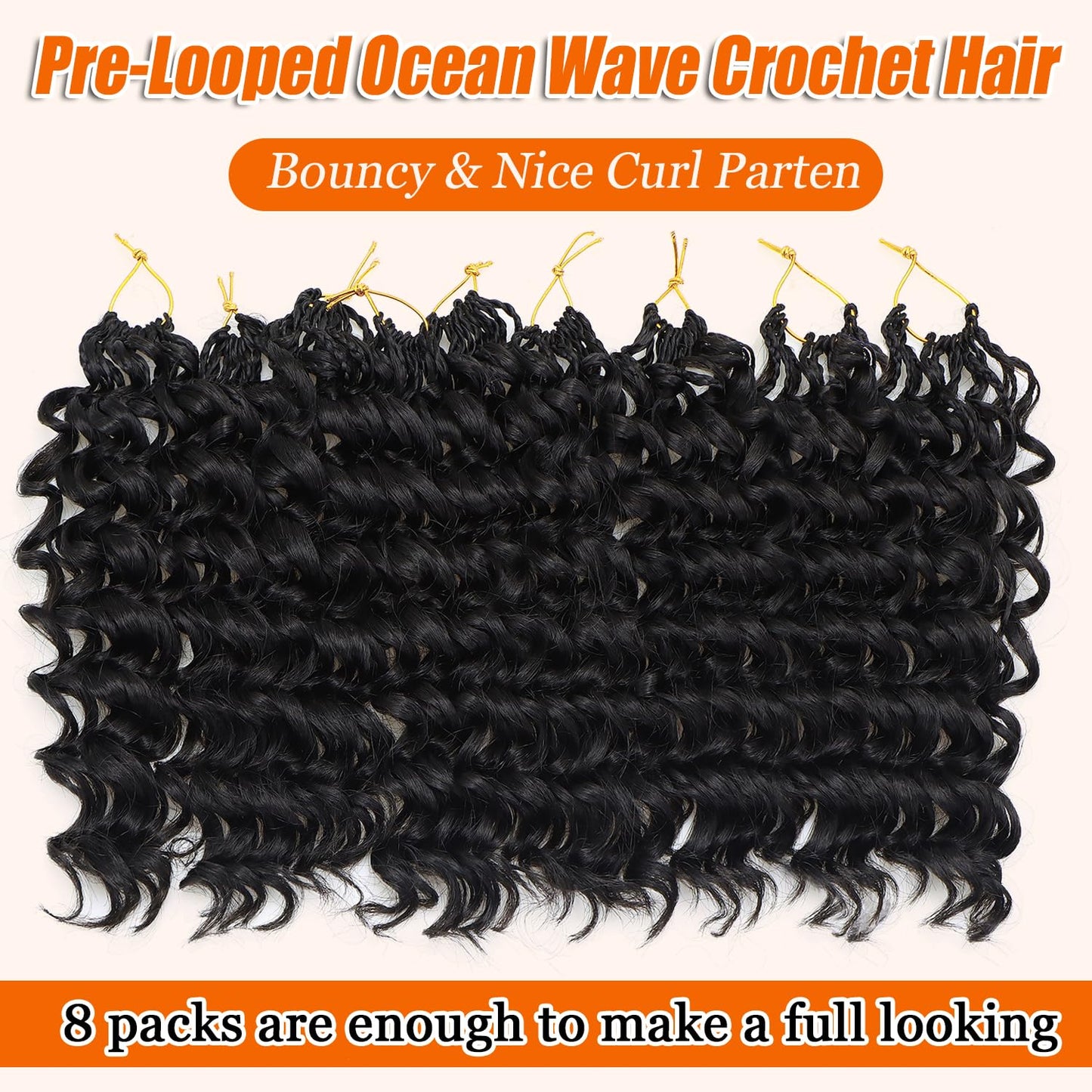 Black Curly Crochet Hair 8 Packs Boho Ocean Wave Crochet Hair 10Inch Synthetic Pre Looped Deep Water Wave Beach Curl Braiding Hair for Black Women (10 Inch,1B#)