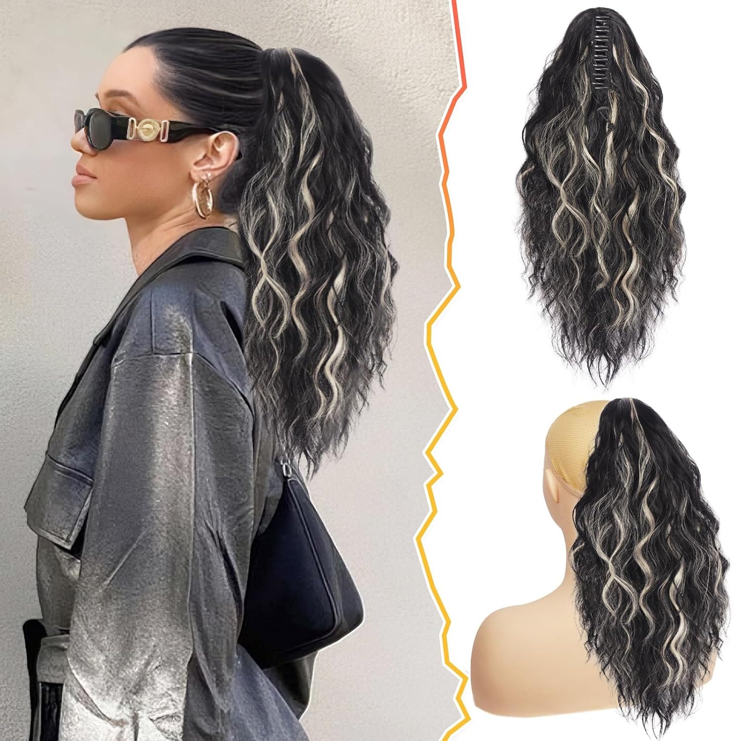 Ponytail Hair Extensions - 12 Inch Claw Clip Dark Brown Curly Wavy Ponytail for Women