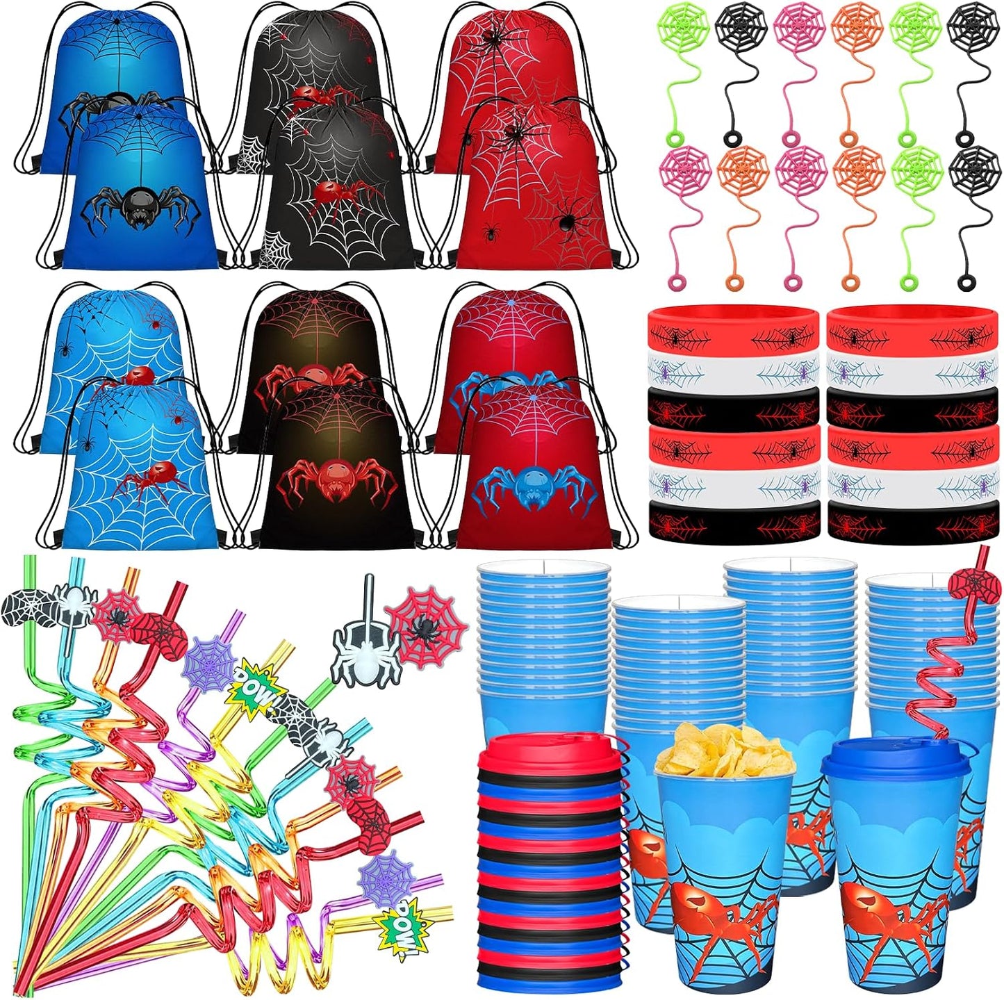 Spider Party Favors - 72 Pcs Birthday Supplies with Goodie Bags, Straws, Cups & Sticky Webs | Fun for Kids' Parties