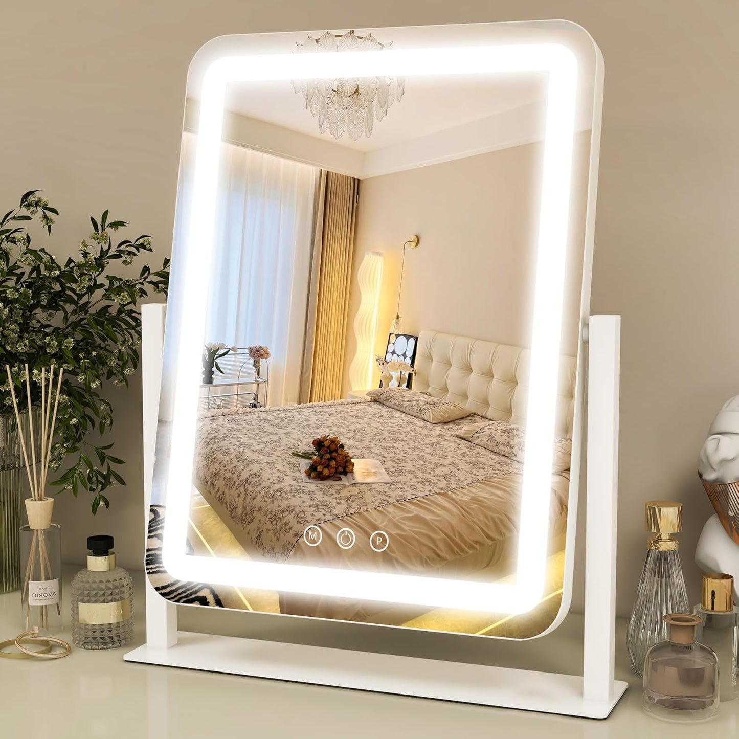 Lighted Makeup Mirror - 10X Magnification Vanity Mirror with 3 Color Modes | 17"x13" Smart Touch Control, 360° Rotation (White)