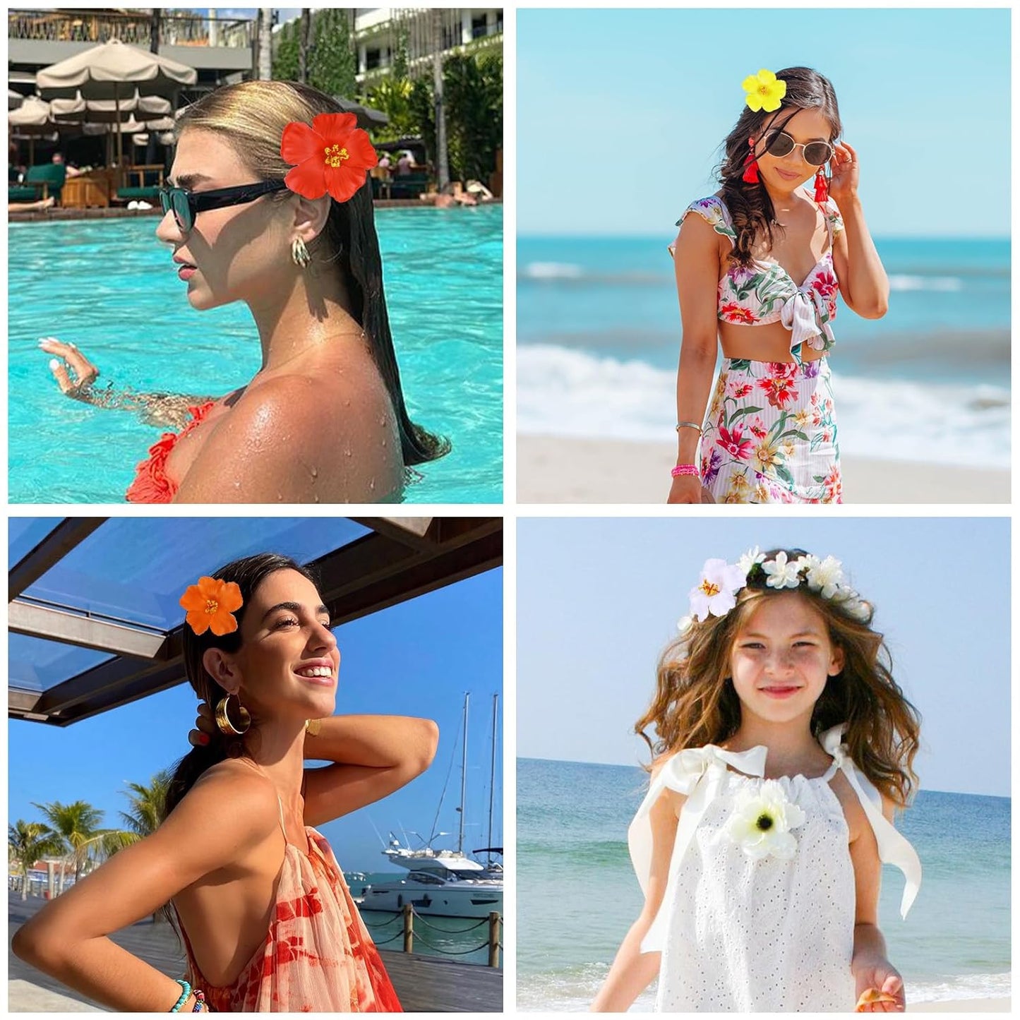 Hawaiian Flower Hair Clips - 4 Pcs Plumeria & Hibiscus Hair Accessories | 3.5 Inch Tropical Clips for Beach Parties & Summer Holidays